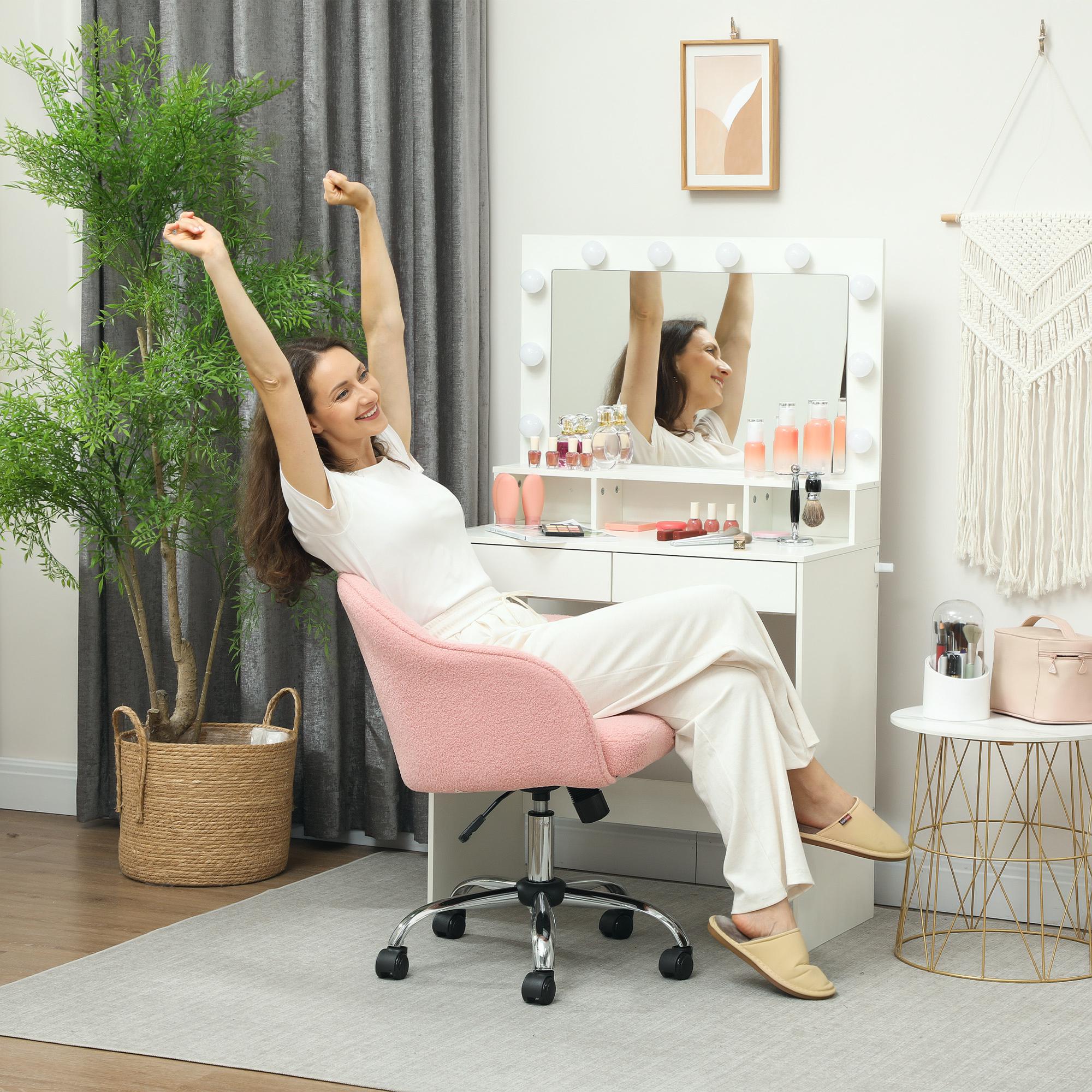 Homeoffice Stuhl, Ergonomisch Schreibtischstuhl mit Wippfunktion, Teddysamtoptik 56 x 61 x 86 cm Rosa