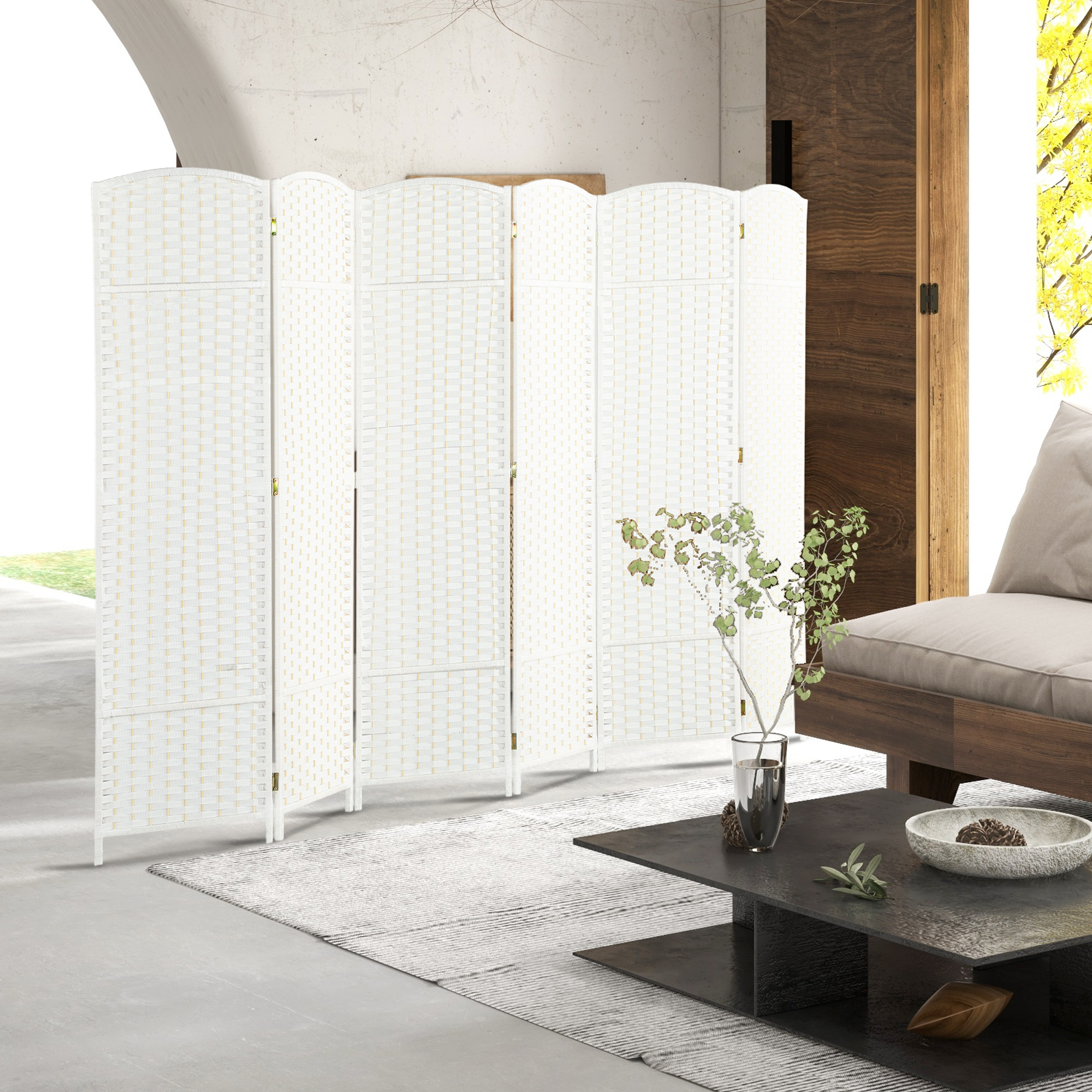 6-teiliger Raumtrenner, Faltbarer Sichtschutz, Sichtschutzwand für Wohnzimmer, Schlafzimmer, Homeoffice, Weiß