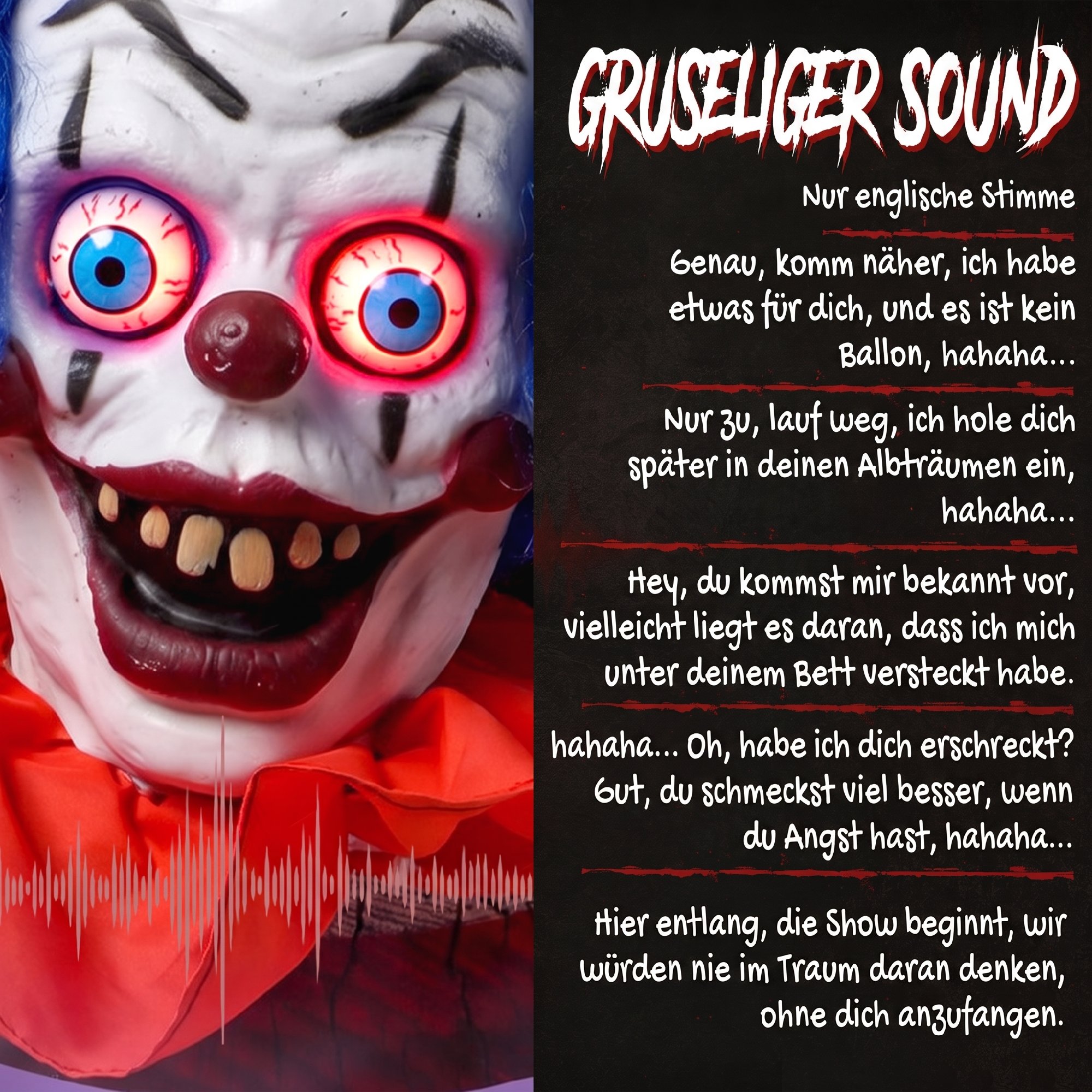 167 cm lebensgroße animierte Halloween-Clown-Deko mit Sound- & Berührungsaktivierung
