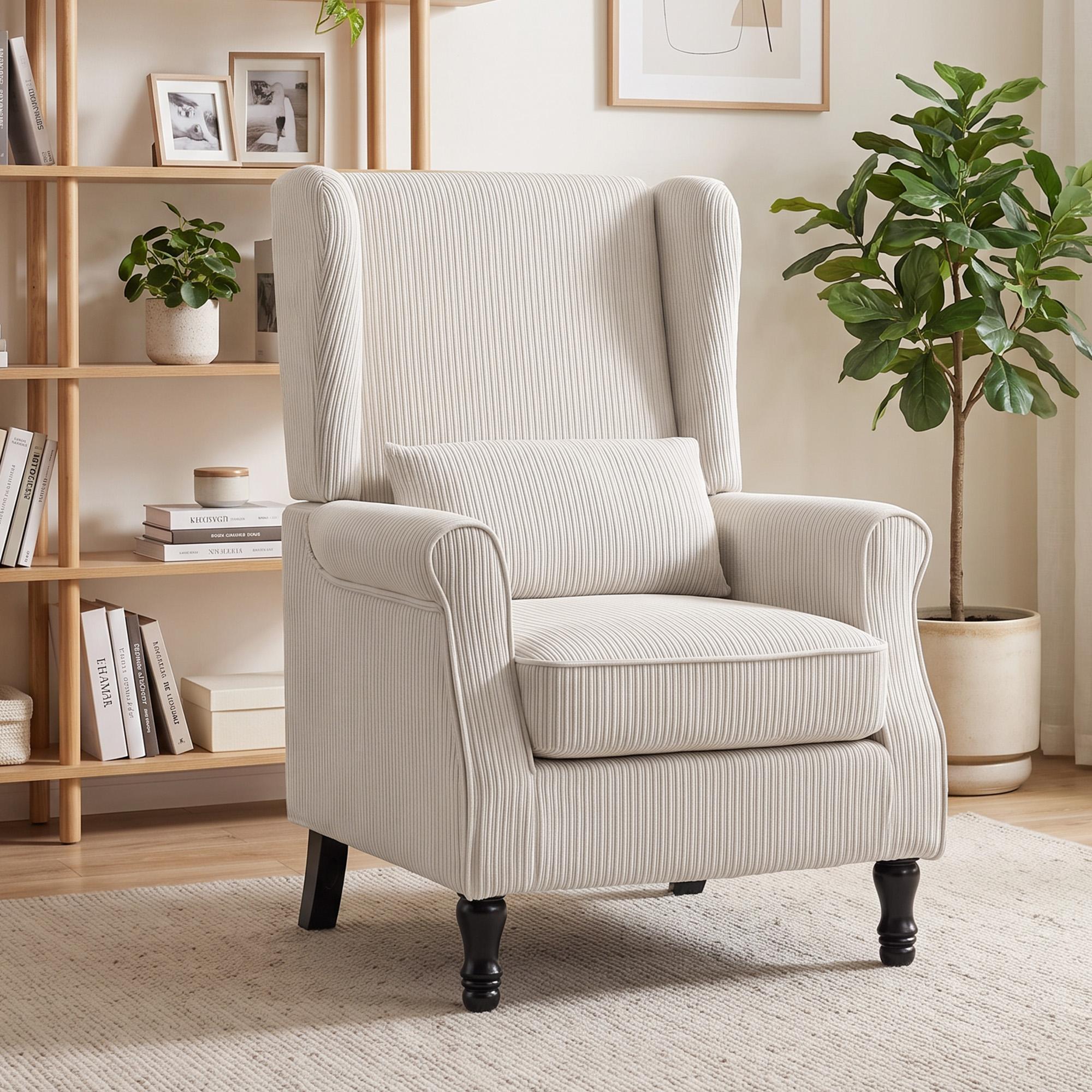 Sessel Ohrensessel mit Armlehnen, Cord-Optik Loungesessel mit Lendenkissen, Hoher Rückenlehne Beige
