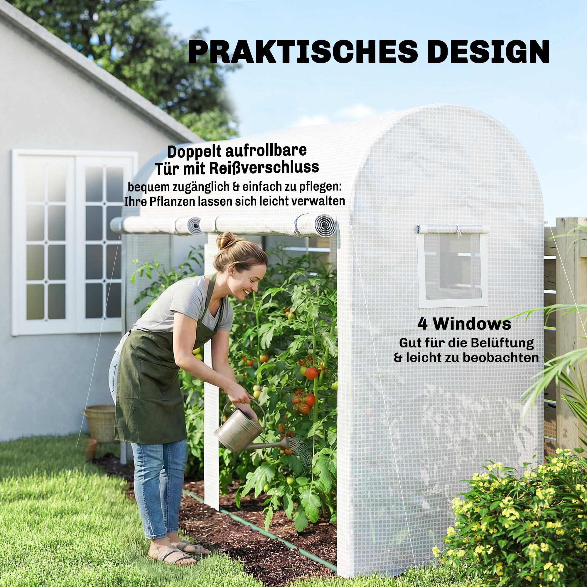 Gewächshaus mit Fernster, Tür, Foliengewächshaus aus Stahl, 300x100x200cm, Weiß