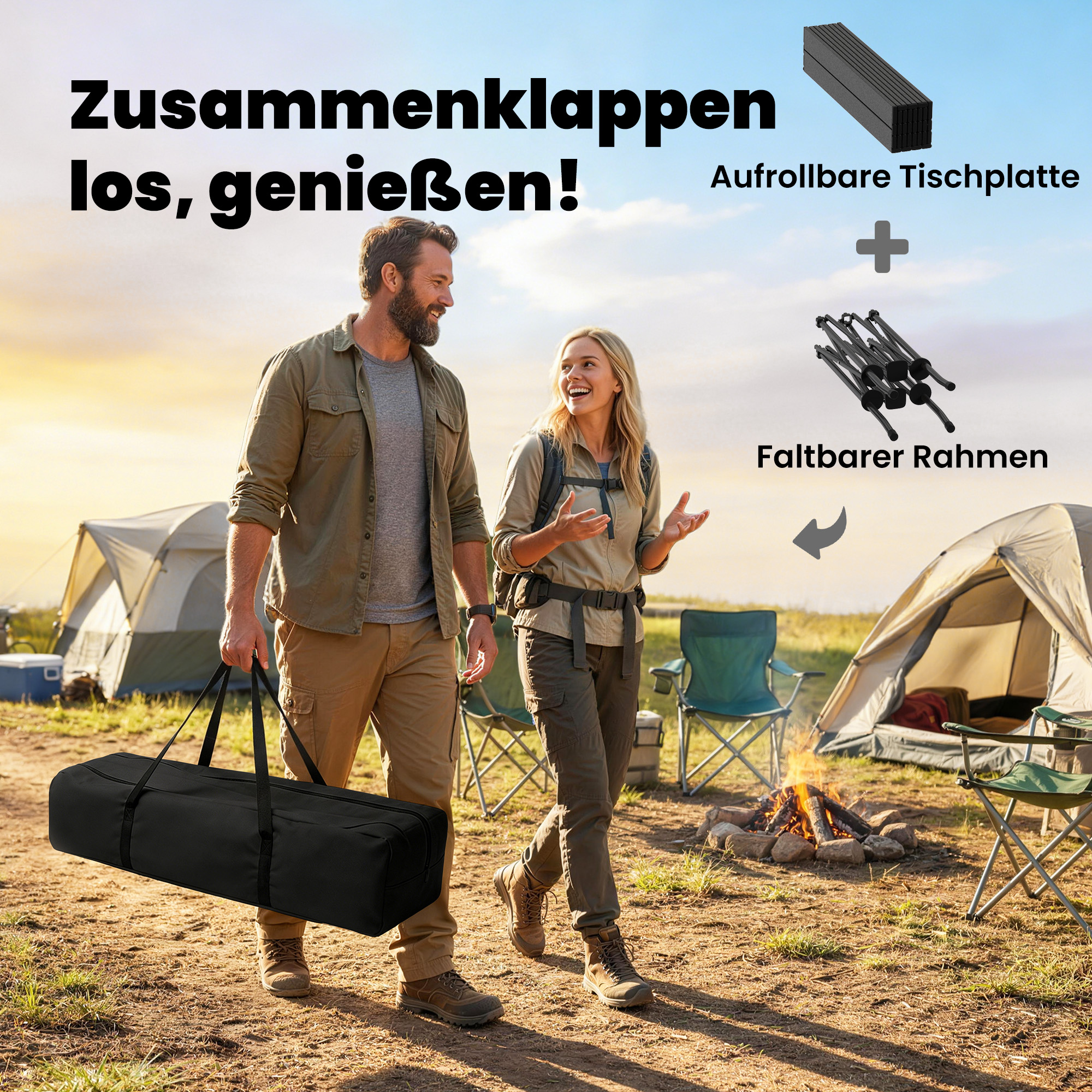 klappbarer rollbarer Picknicktisch Tragbarer Campingtisch mit Netzablage und Tragetasche für den Außenbereich, Schwarz
