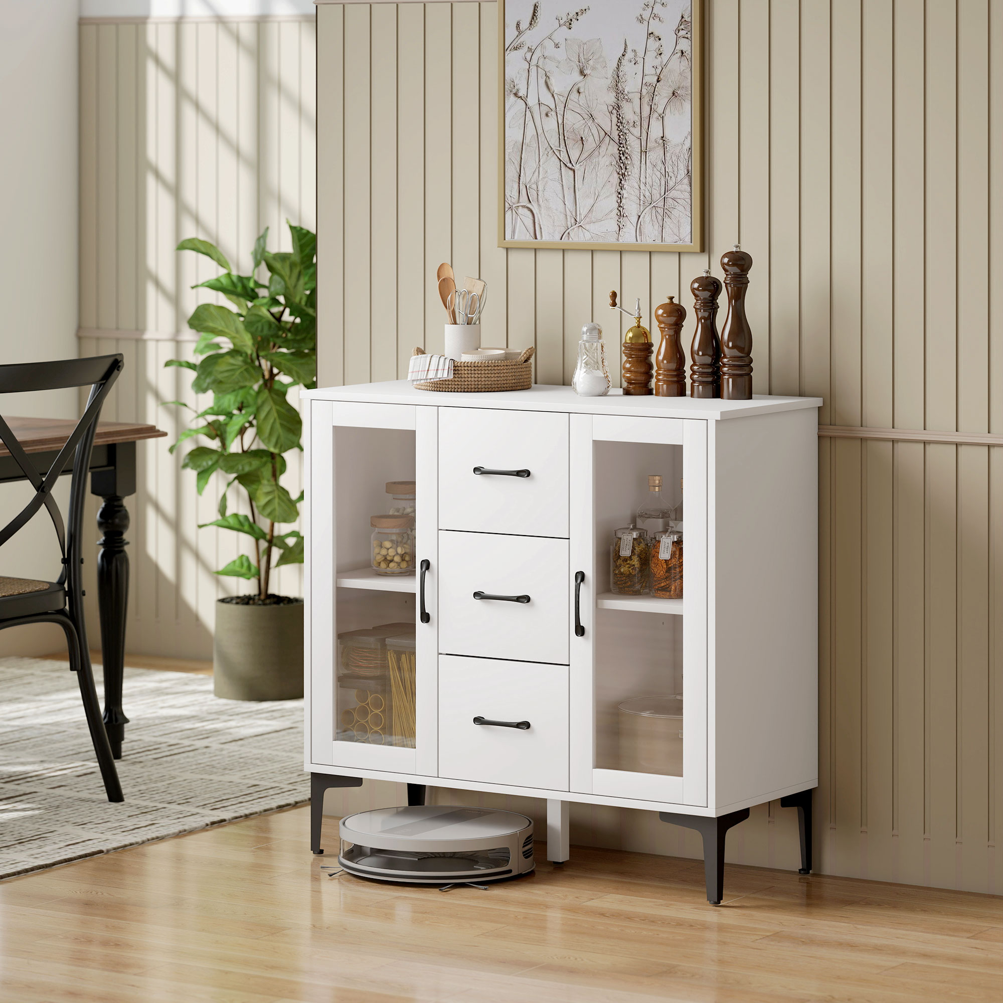 Modernes Sideboard mit Soft-Close-Türen, Buffetschrank mit 3 Schubladen, 2 Glastüren, verstellbare Regale, MDF, Weiß