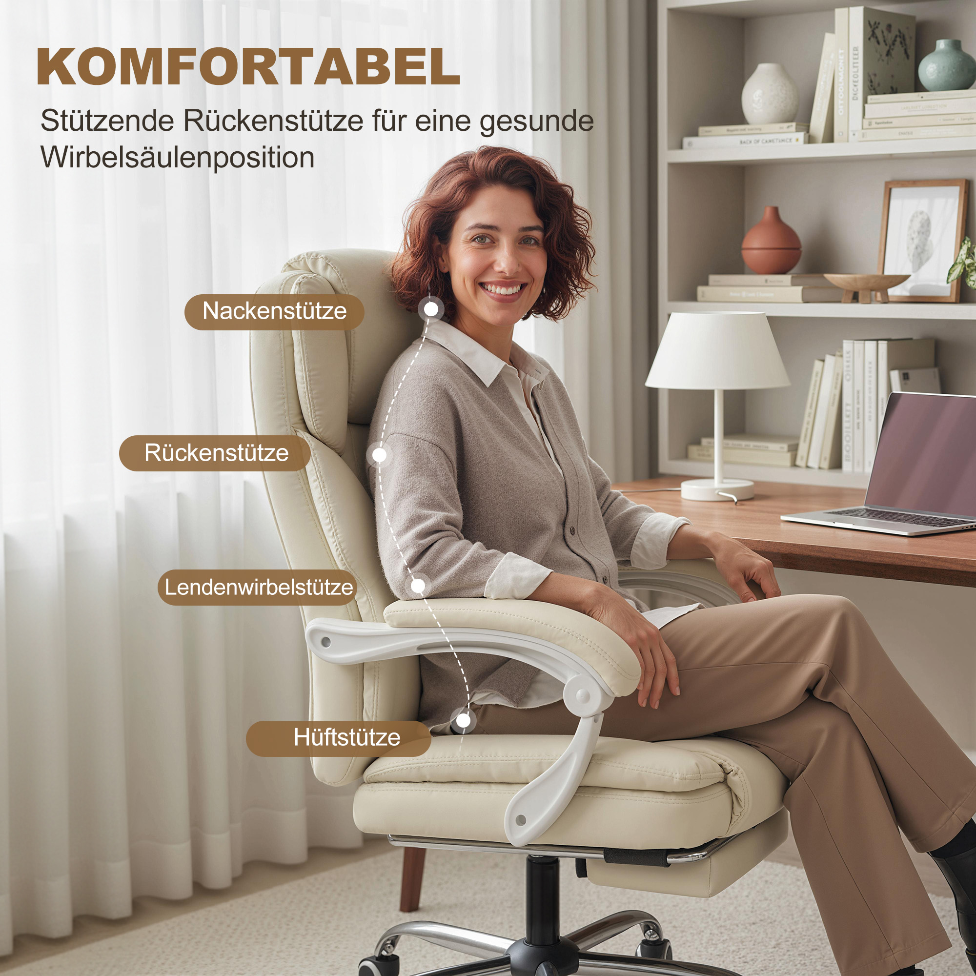 Bürostuhl mit Liegefunktion, Schreibtischstuhl, höhenverstellbar Drehstuhl mit Fußstütze, 64 x 73 x 120 cm, Beige