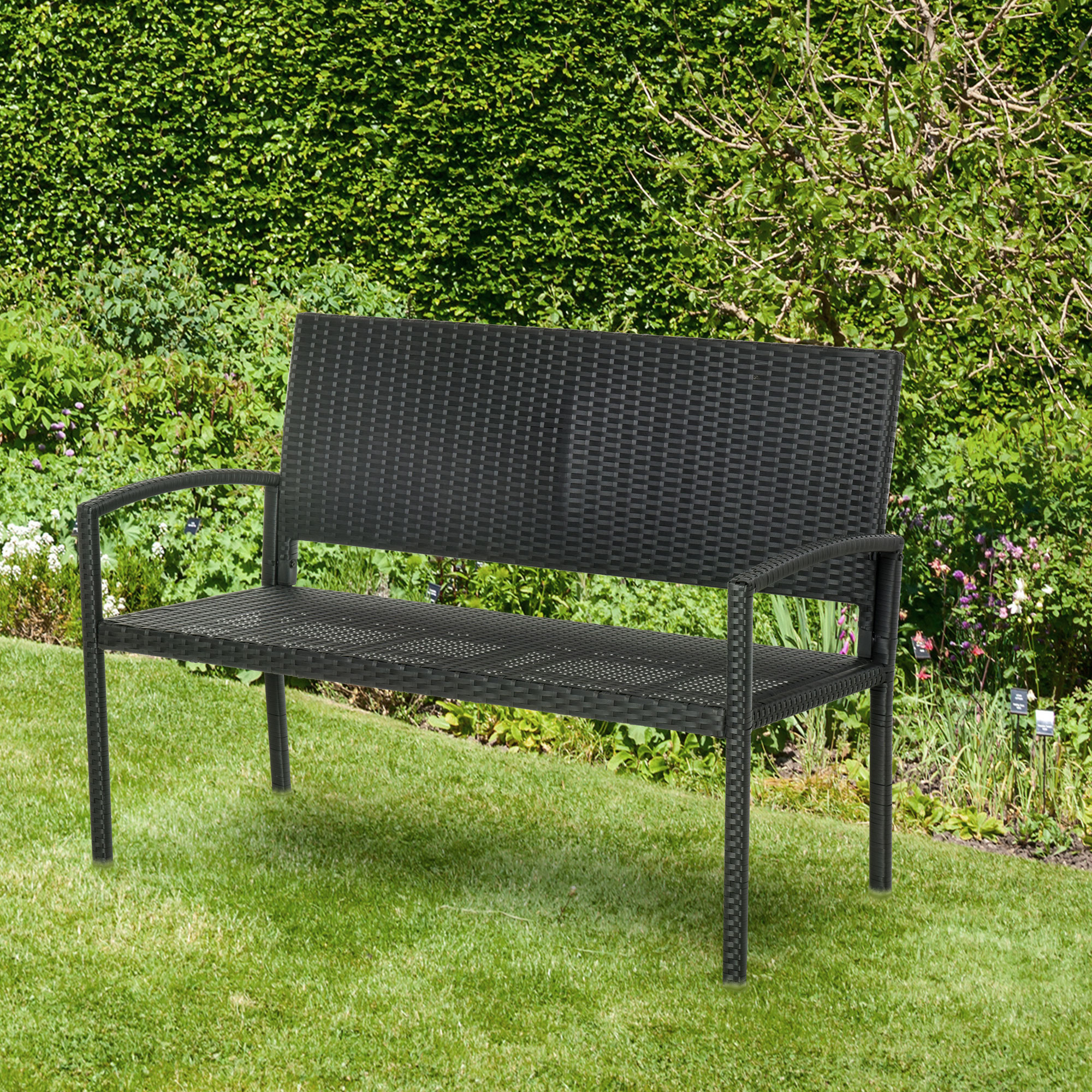 Gartenbank, in Rattanoptik, mit Stahlrahmen, für 2 Personen, Schwarz, 122 x 60 x 85cm
