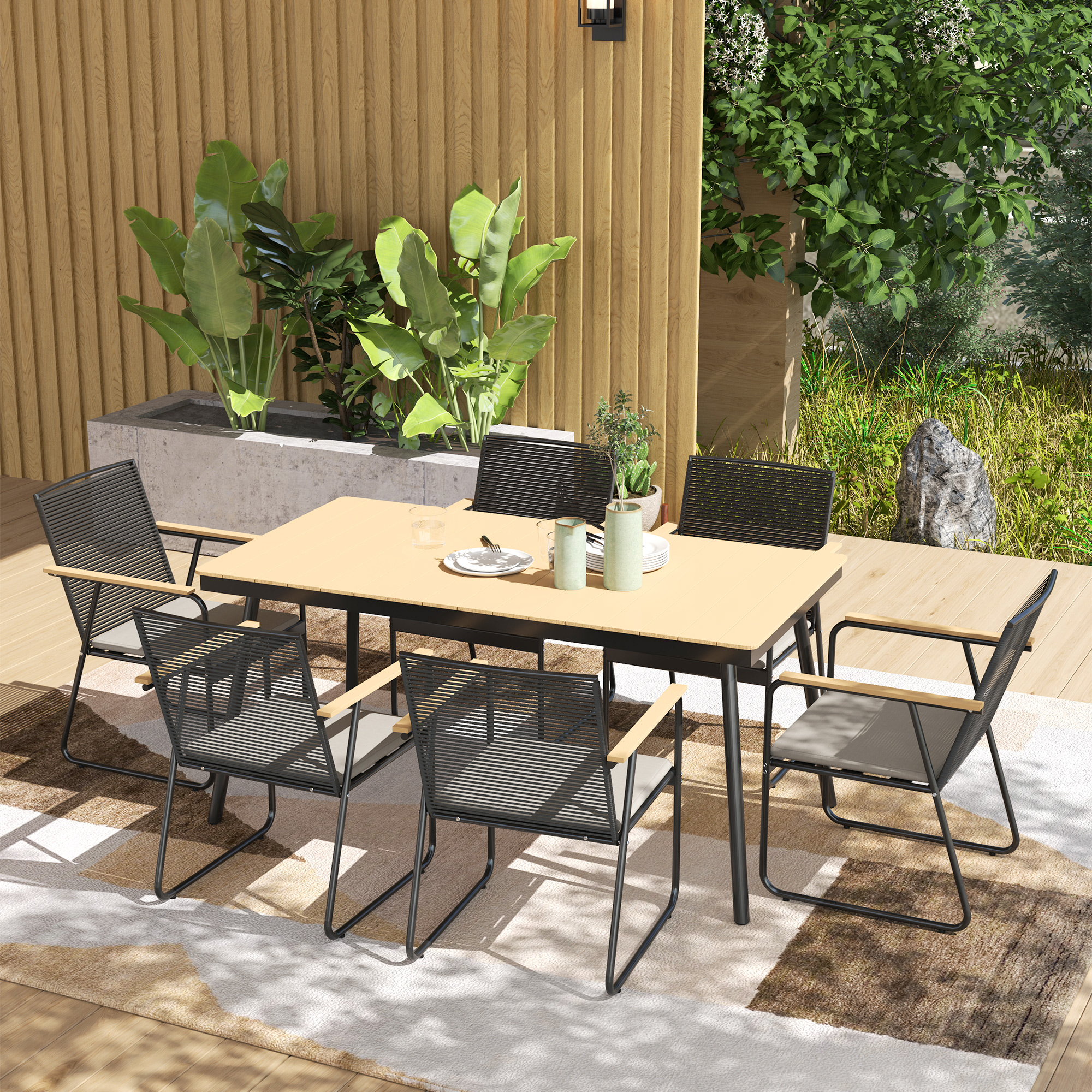 Sitzgruppe 7-teilig Metall Essgruppe für 6 Personen Esstisch mit Tisch 6 Stühlen Esszimmergruppe Naturholz+Schwarz