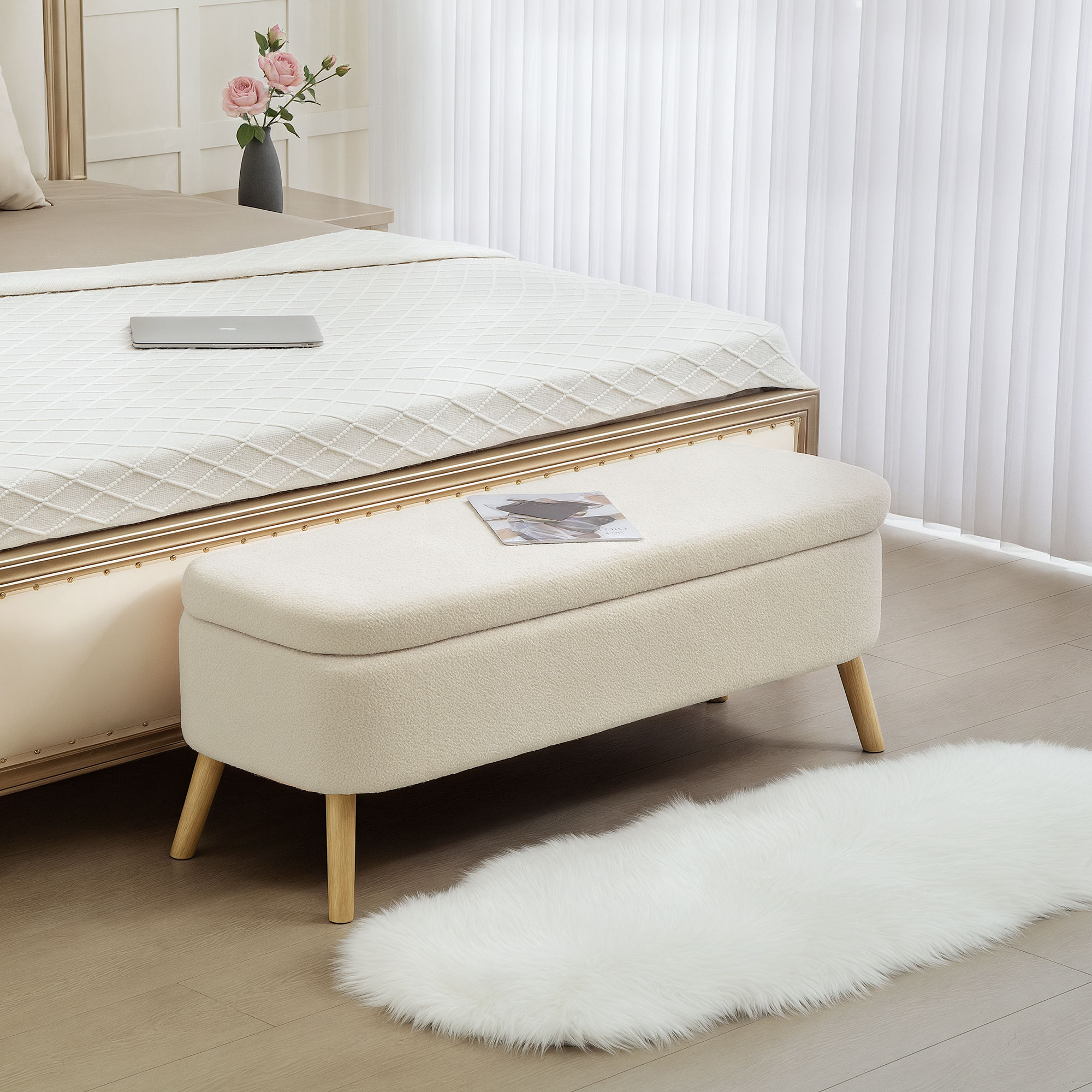Aufbewahrungsbank, Sitzbank mit 65 L Stauraum, Teddy-Fleece-Stoff, Kautschukholz, 120 x 42 x 45 cm, Beige