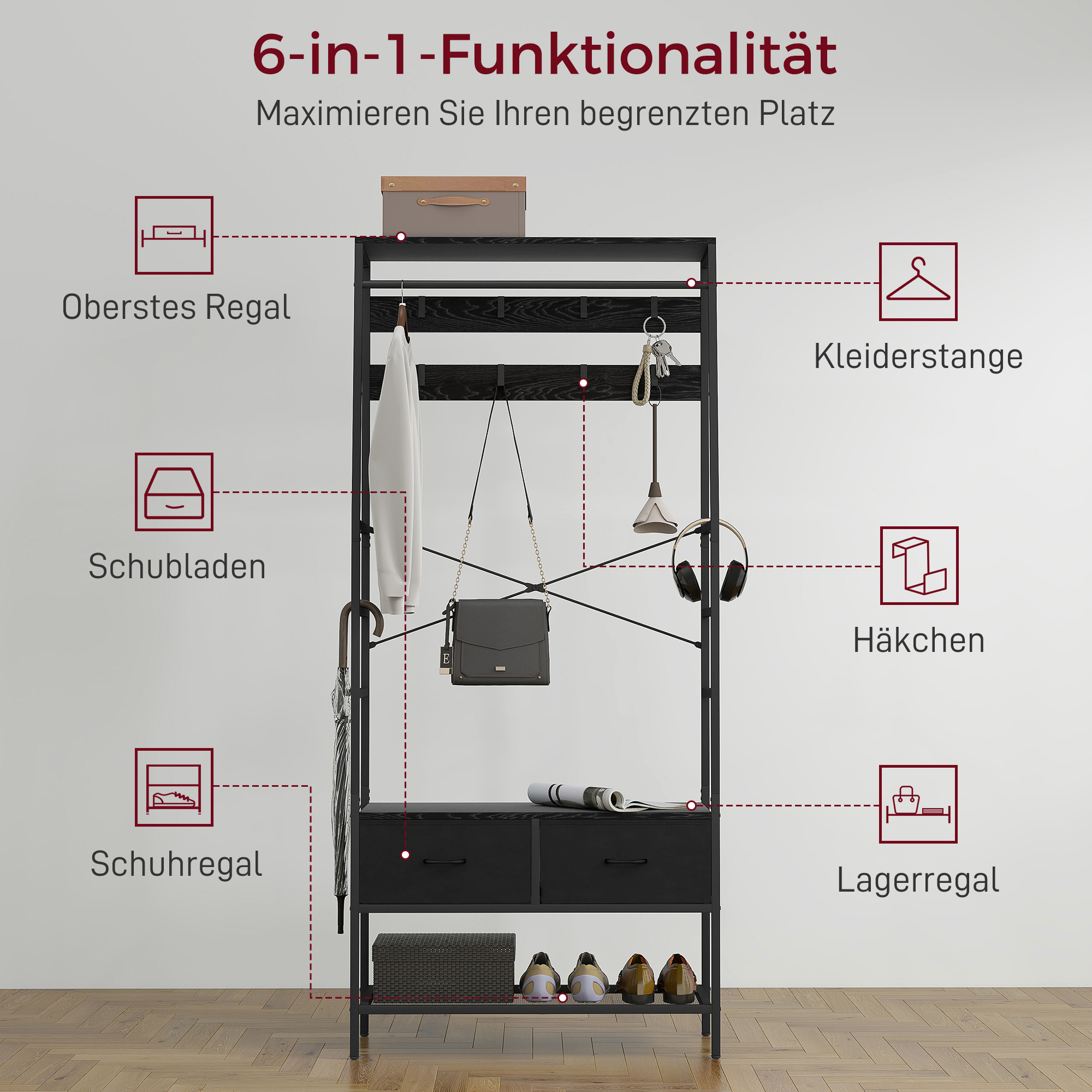 Garderobenständer mit Schuhregal, Kleiderständer im Industrie-Design, 2 Stoffschubladen, 8 Haken, Metallrahmen, Schwarz