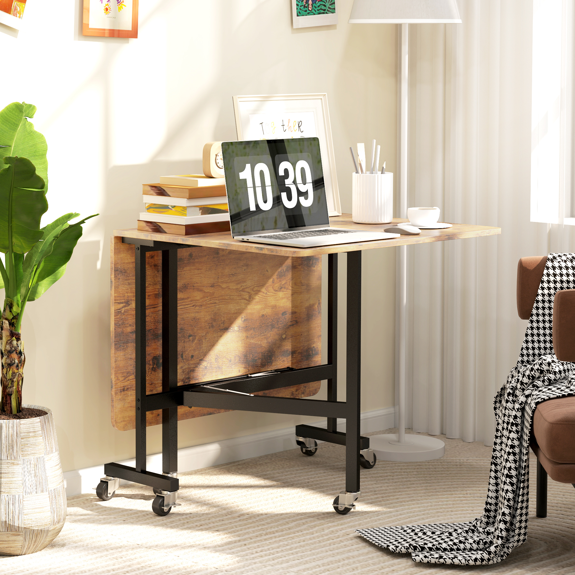 Klappbarer Esstisch, für bis zu 6 Personen geeignet, mit 6 Rollen und Bremsen, für kleine Räume, Braun