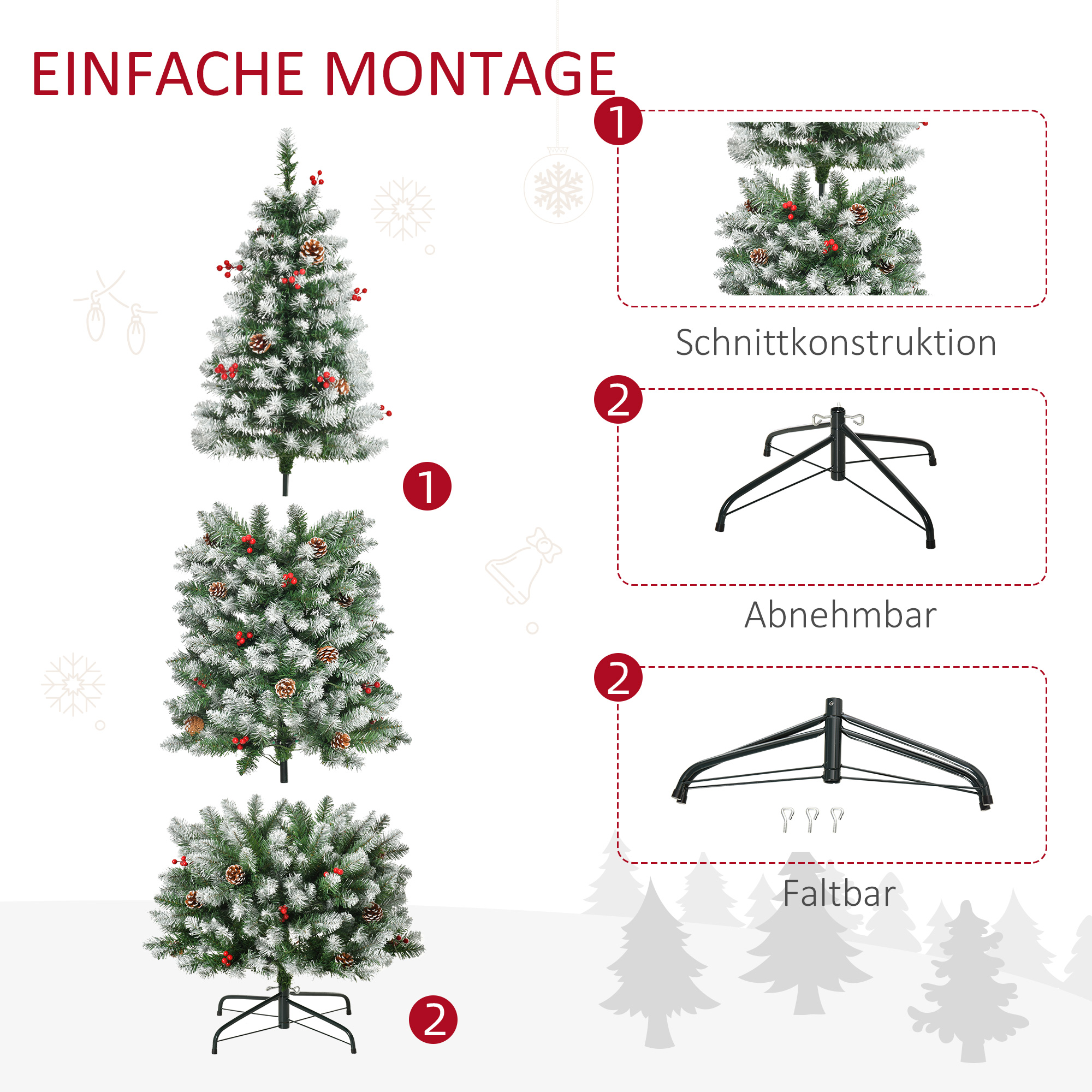 künstlicher Weihnachtsbaum 180 cm Tannenbaum künstlich mit LED Beleuchtung, Schnee, 618 Spitzen Christbaum Weihnachtsdeko inkl. Stahlständer für drinnen