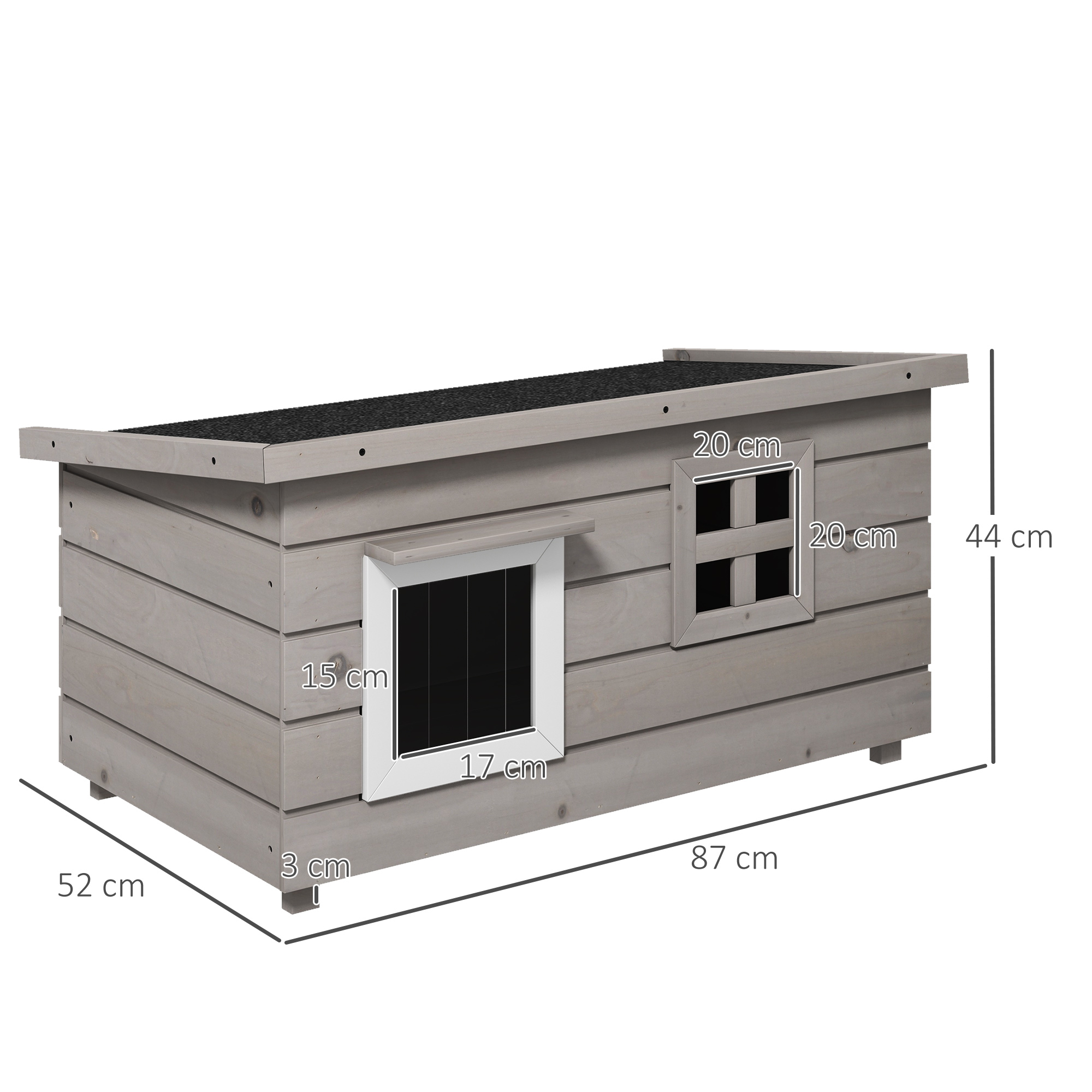 Katzenhaus aus Holz wasserdicht Katzenhütte mit Asphaltdach klappbarem Deckel Fenster Winterfest Schutzhütte Katzenhöhle Outdoor Katzenkiste für Garten Balkon Draußen 87 x 52 x 44 cm Grau