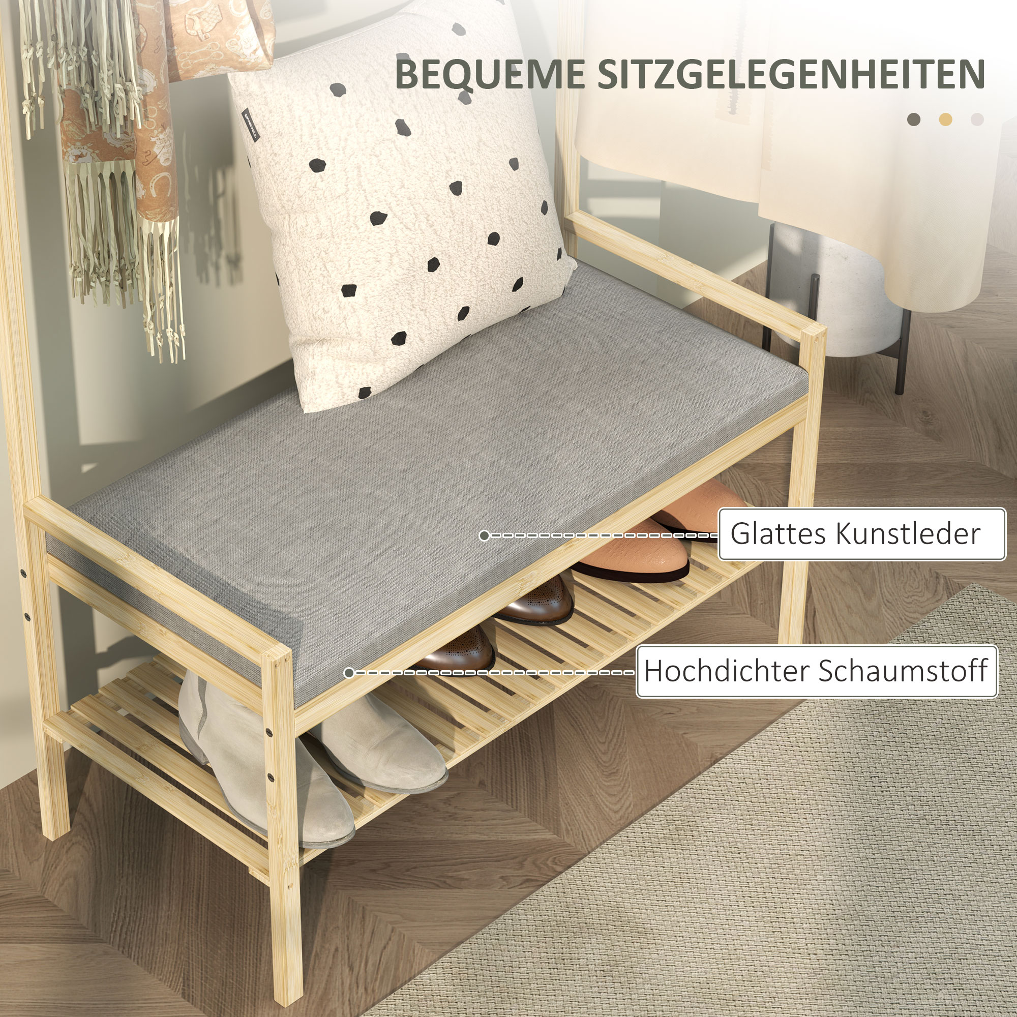 Garderobe mit Schuhbank, Kleiderstange, 10 Kleiderhaken, Schuhablage, Bambus