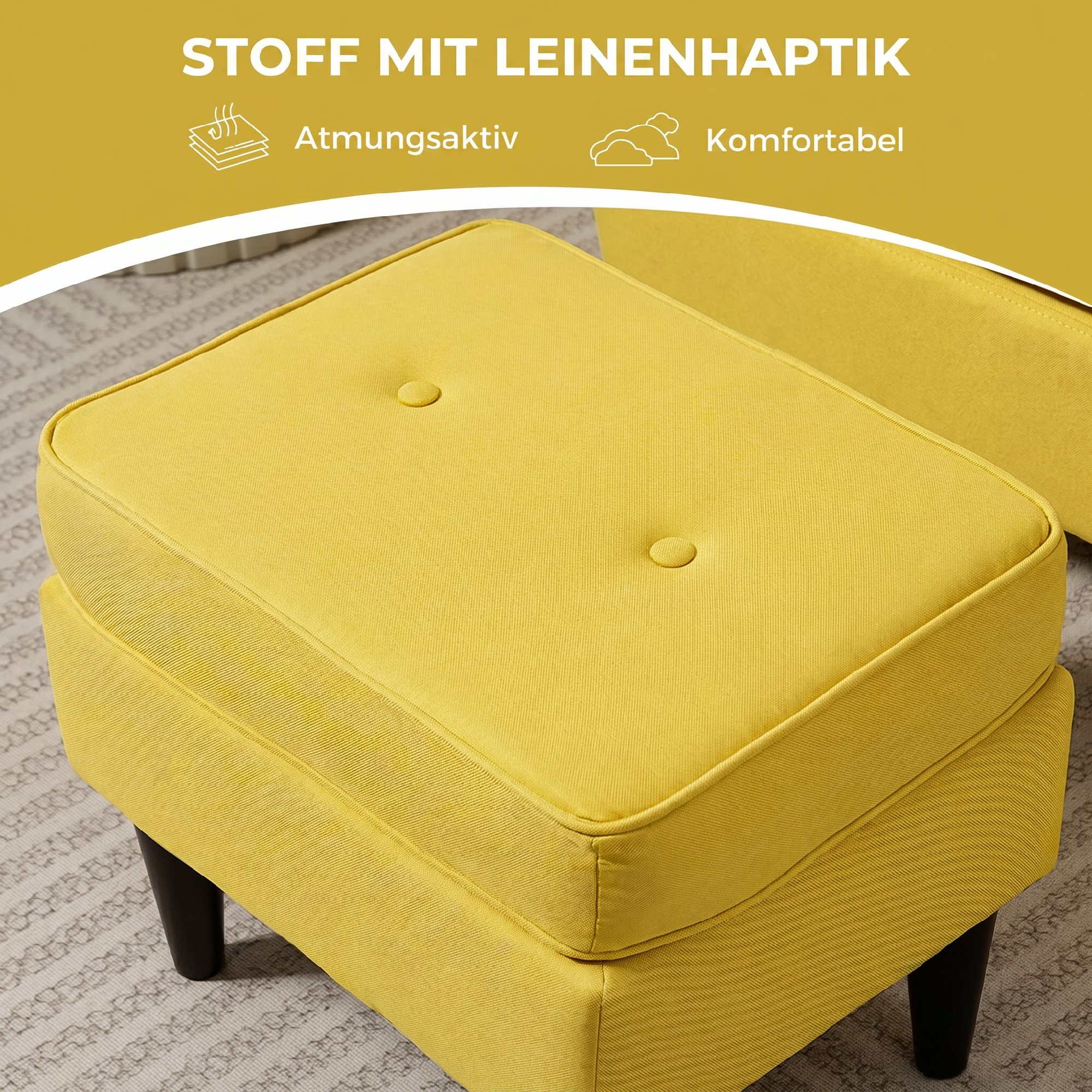 Ohrensessel mit Fußhocker, Polstersessel mit Kautschukholzbeinen, Stoffbezug, Gelb
