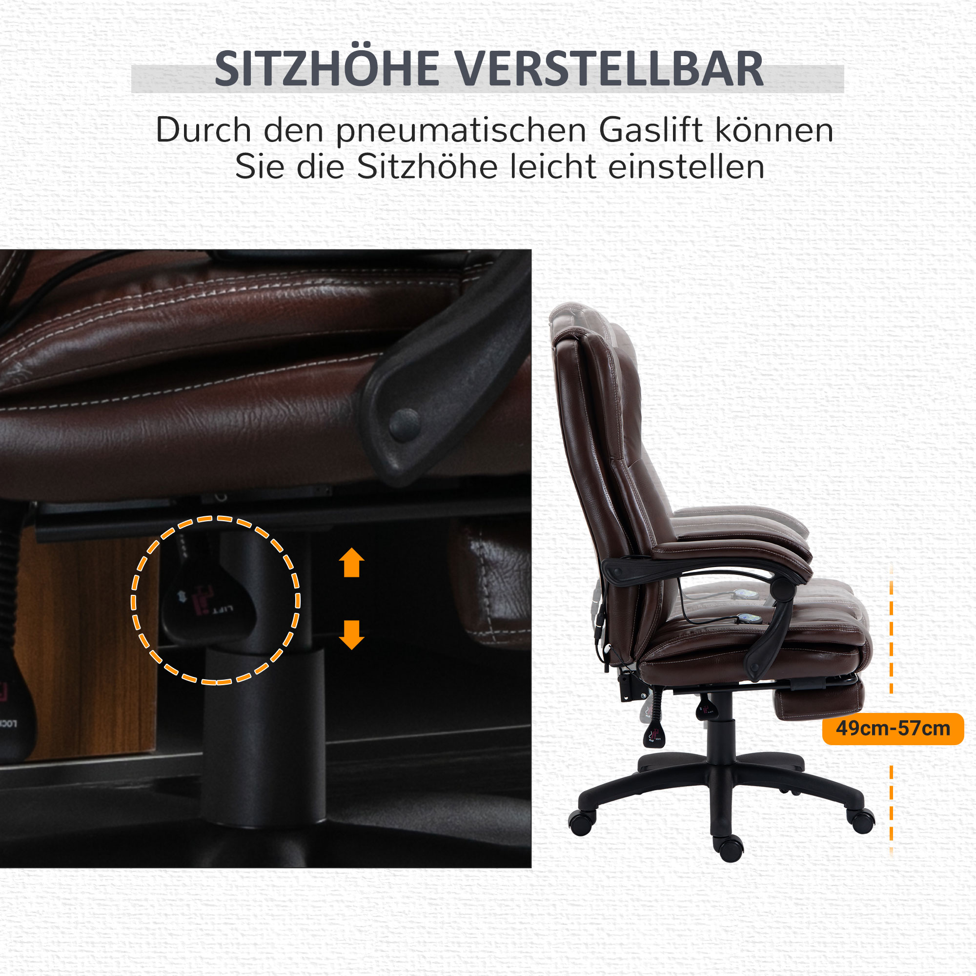 verstellbarer Drehstuhl mit Fußstütze, Kopfstütze, Massagefunktion, Kunstleder, 68,5x68,5x113-121cm, Braun
