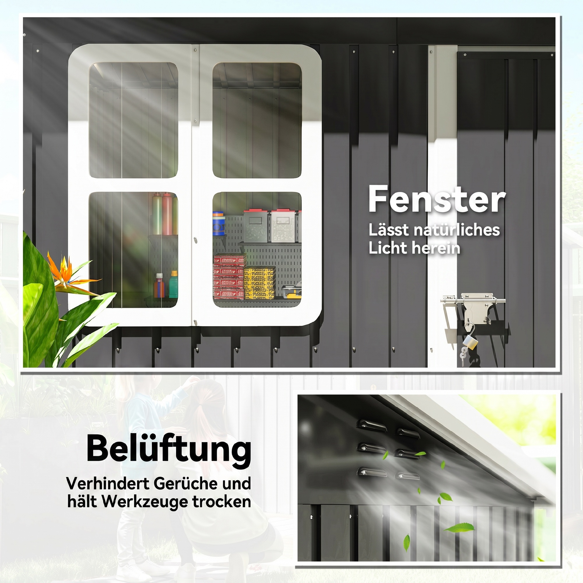 Gartenschuppen, Gartenhaus mit Fenster, verschließbare Tür, für Garten, Terrasse, Stahl, 221L x 133B x 190H cm, Grau
