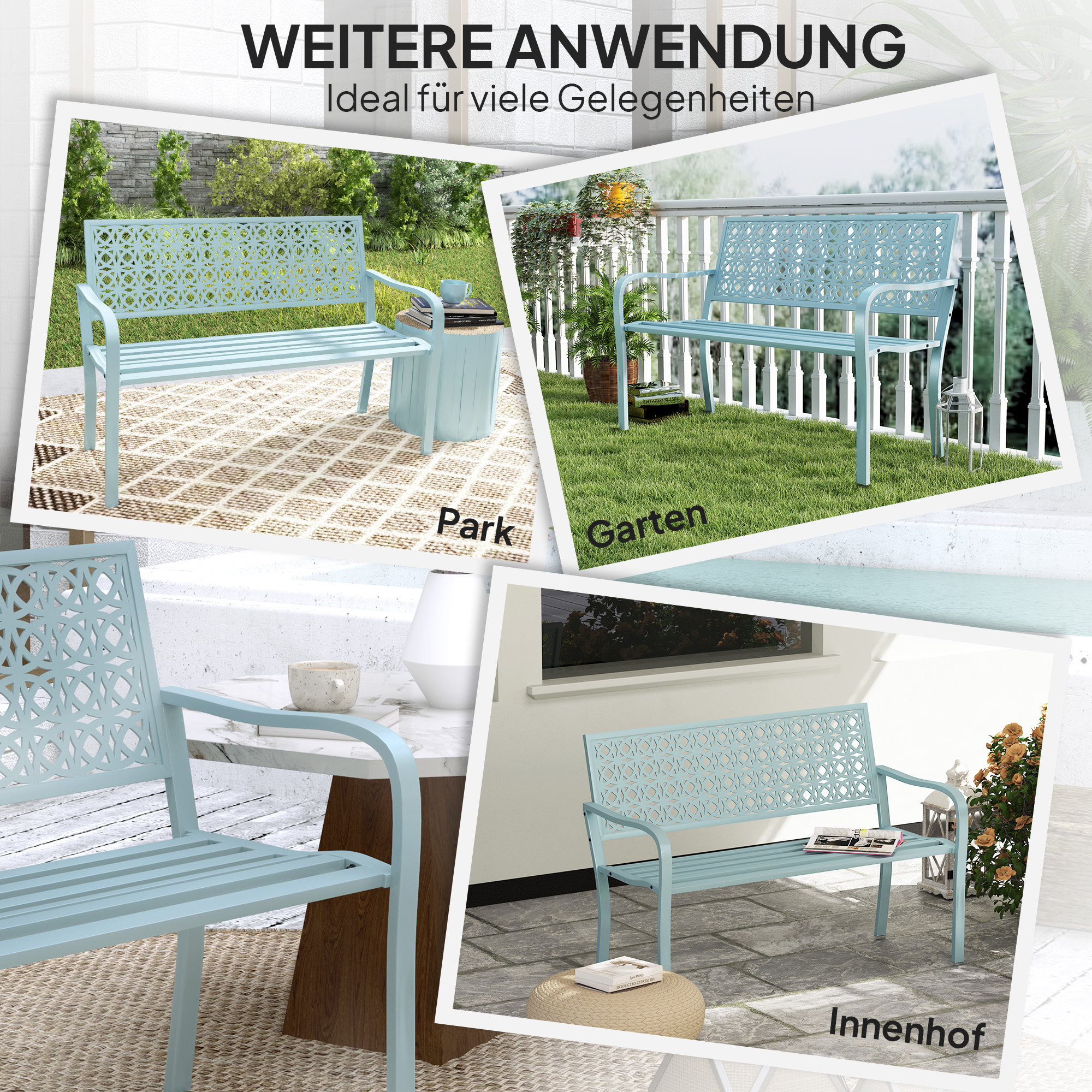Außenbank, Gartenbank aus Stahl, Ausgeschnittene Rückenlehne, Armlehnen, für 2 Personen, Blau