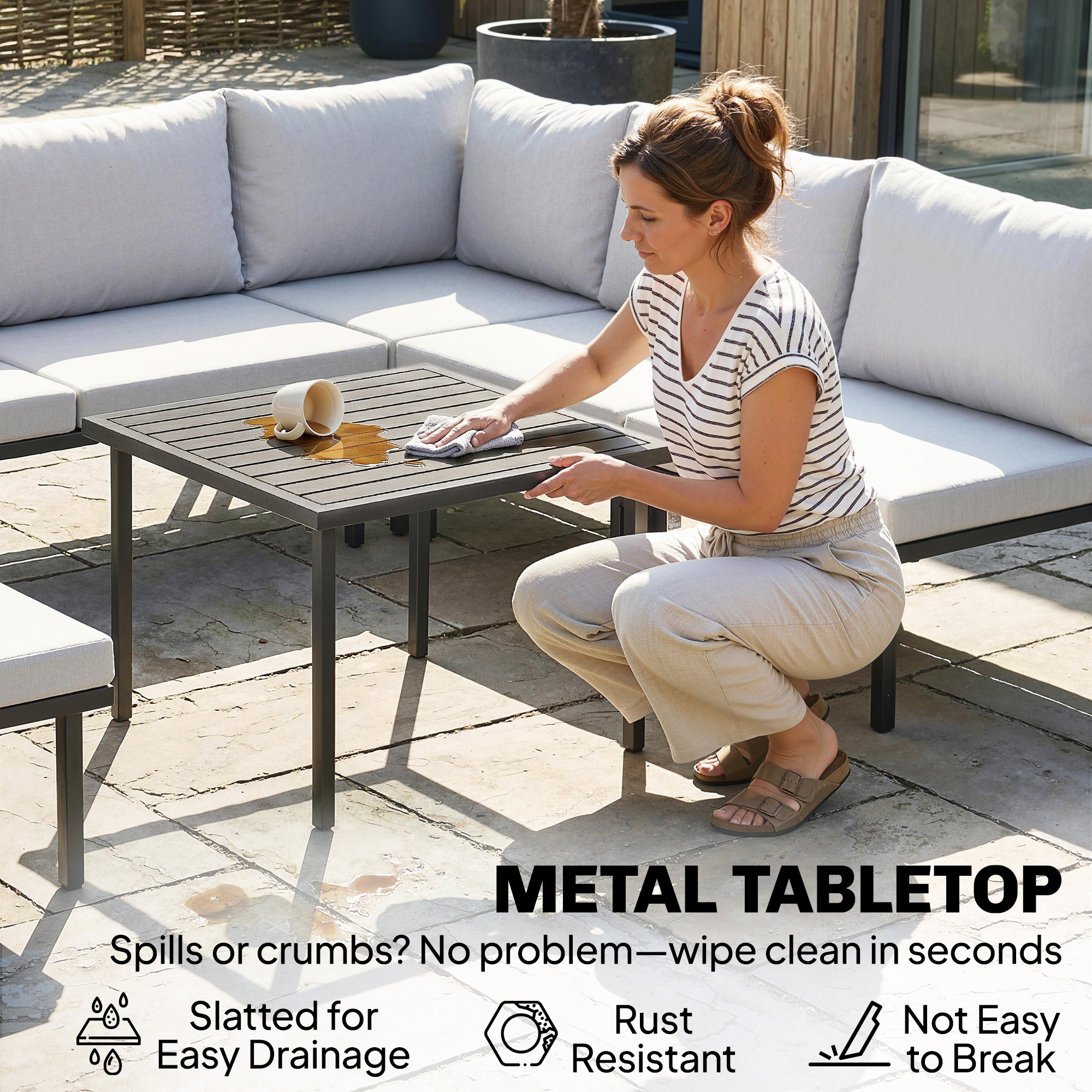 Lounge Gartenmöbel Set 5-6 Personen Gartenlounge Set mit 2 Sitzer Gartensofa 2 Stühle Eckstuhl Lamell-Tisch Fußhocker