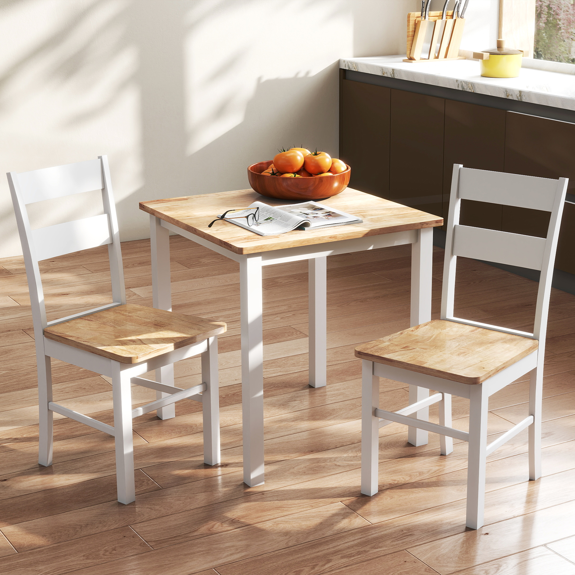 2er-Set Küchenstühle, Kautschukholz, gebogene Sprossenlehne, Weiß