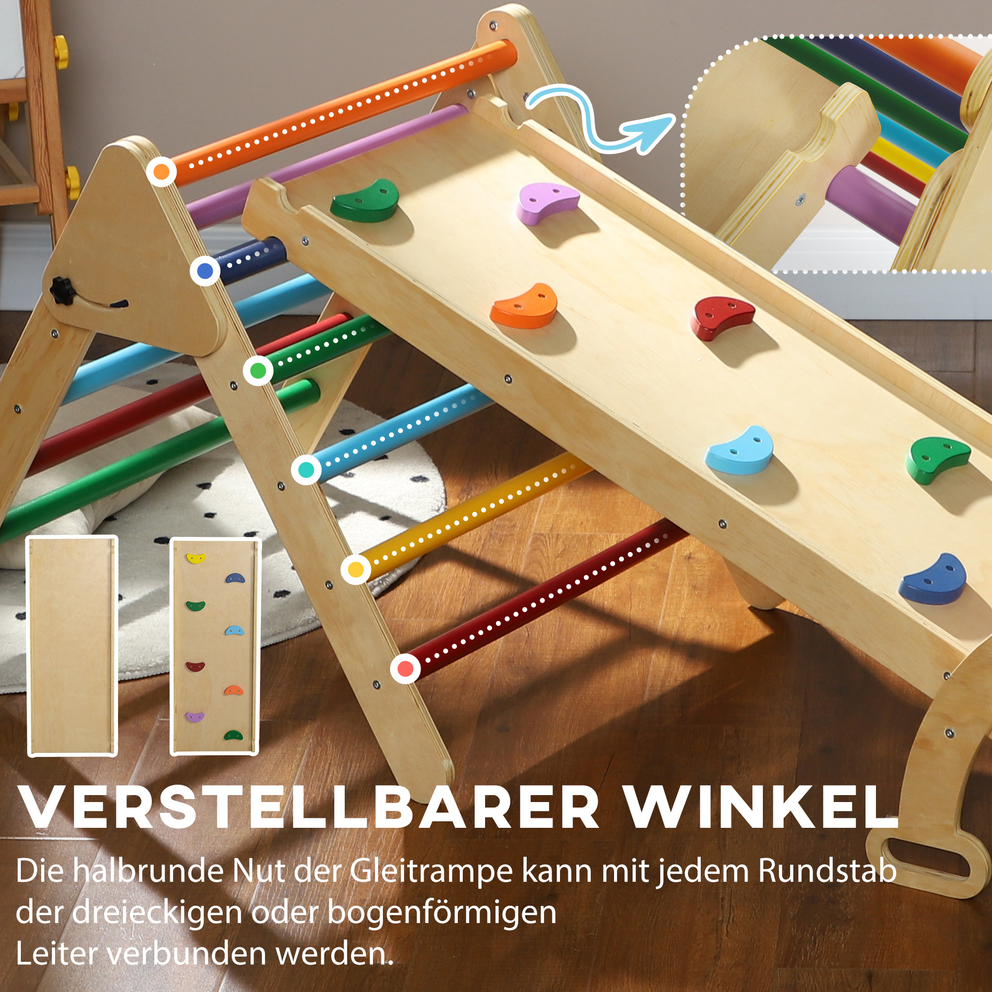 5-in-1-Kinder-Klettergerüst mit Rampe, Brücke, Dreiecks-Leiter, 18-48 Monate, Bunt,