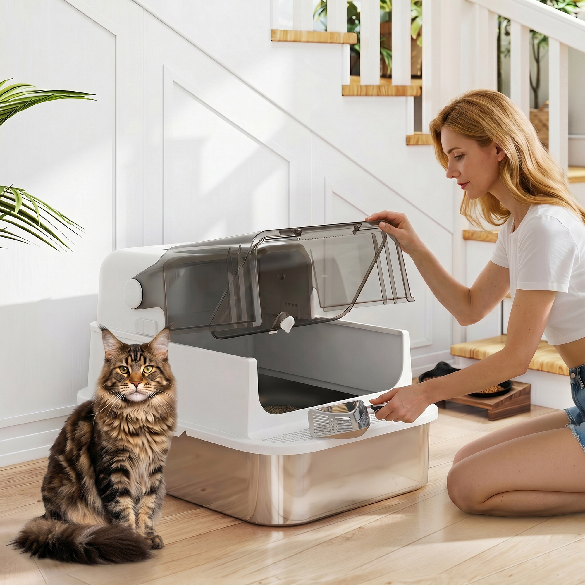 Katzenklo Edelstahl mit Deckel XXL 72L für große Katzen und Mehrere Katzen mit Doppeltüren Schaufel Pedal Anti-Leck