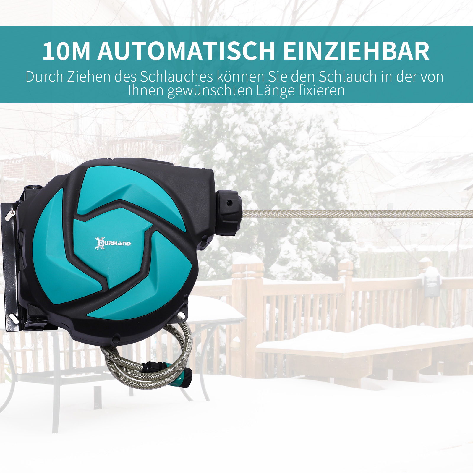Schlauchtrommel mit Gartenschlauch 10 m Wasserschlauchaufroller mit automatische Aufrollung Wandschlauchbox 180° schwenkbar mit Multibrause Frostschutz -5-45 °C Grün + Schwarz