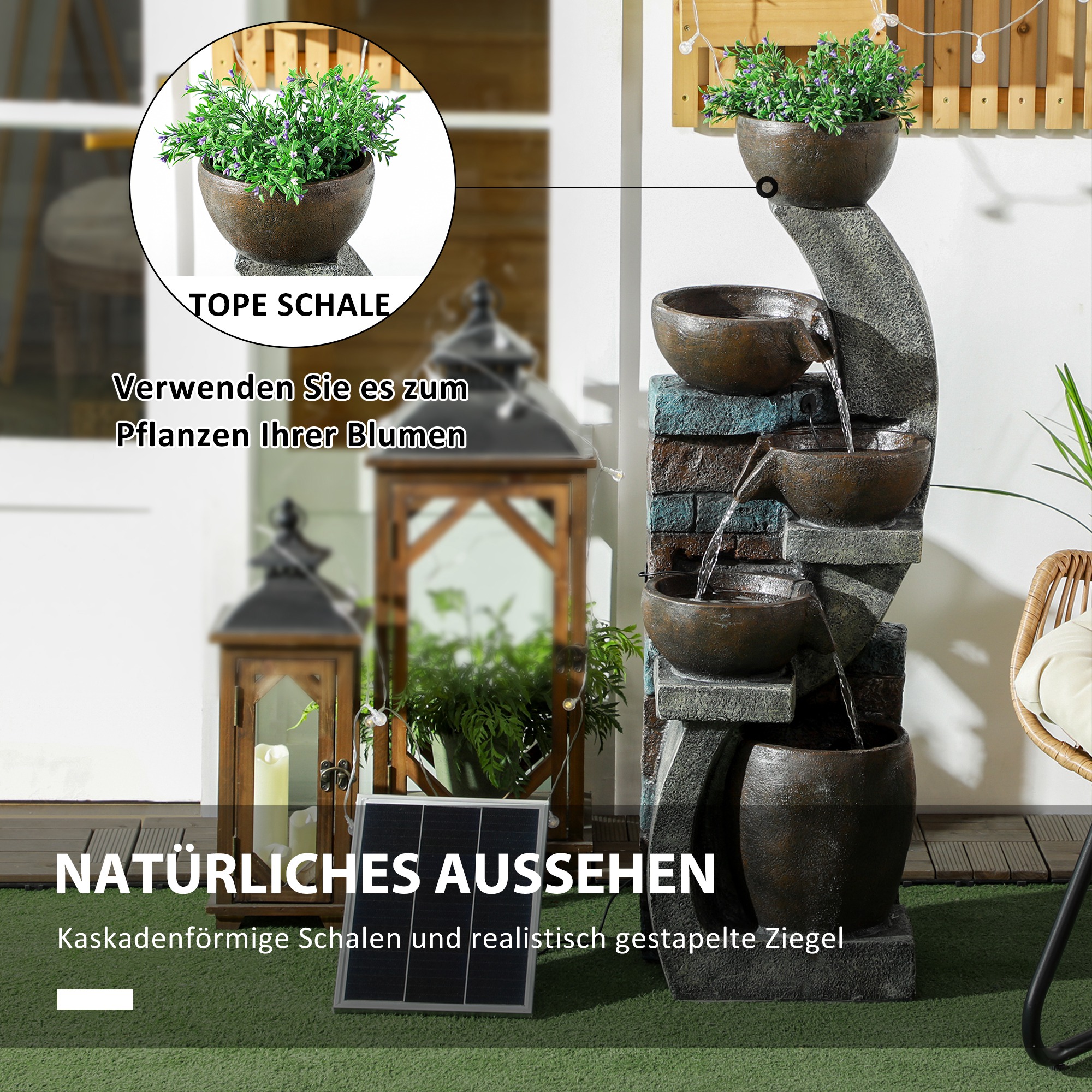 Gartenbrunnen, Backsteinoptik, 5-stufig, Solarbetrieb, LEDs, 107cm, Kunstharz, Grau/Braun