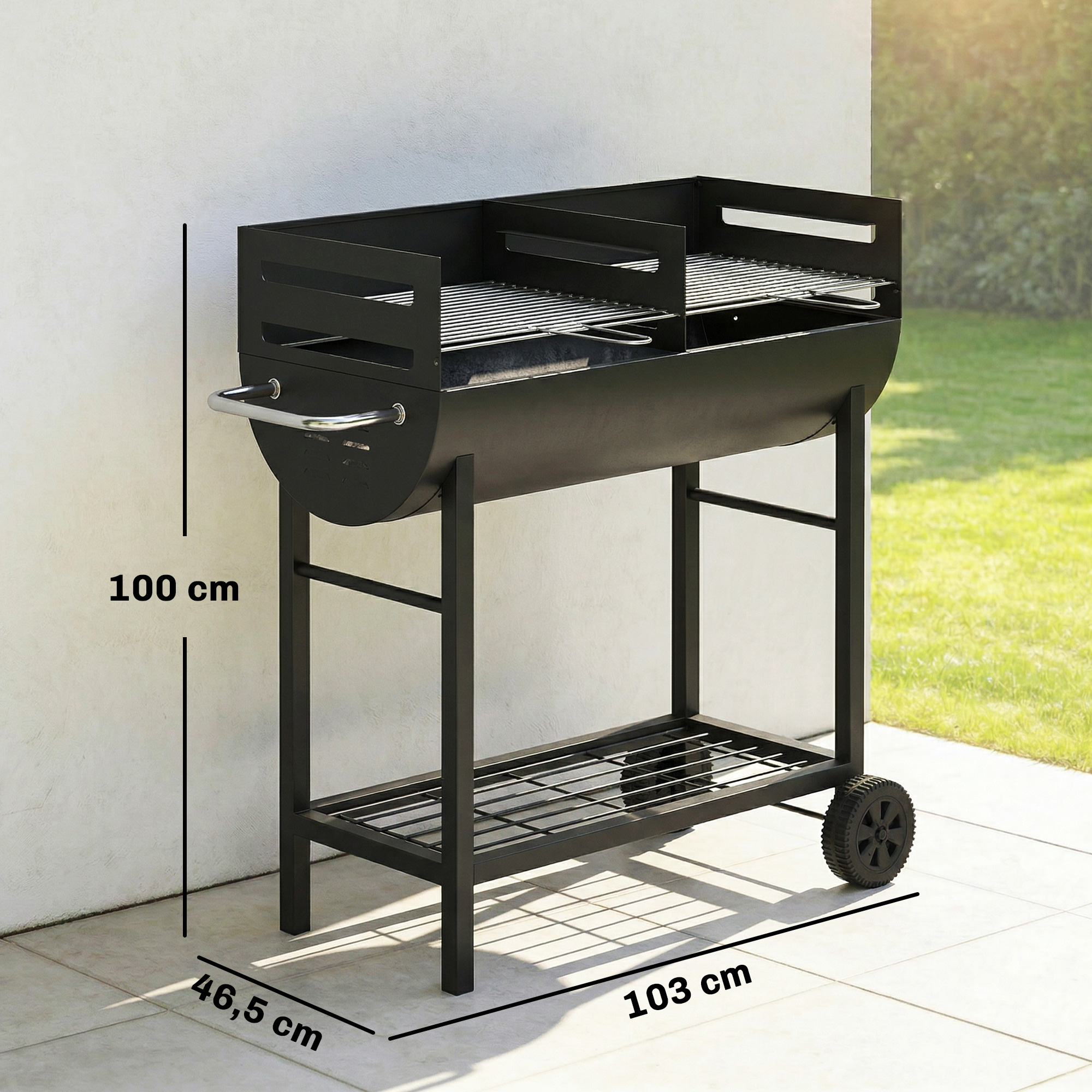 Holzkohlegrill Grillwagen mit 2 Grillzonen höhenverstellbarer Grillrost Holzablage Räder Seitengriff, 103 x 46,5 x 100cm