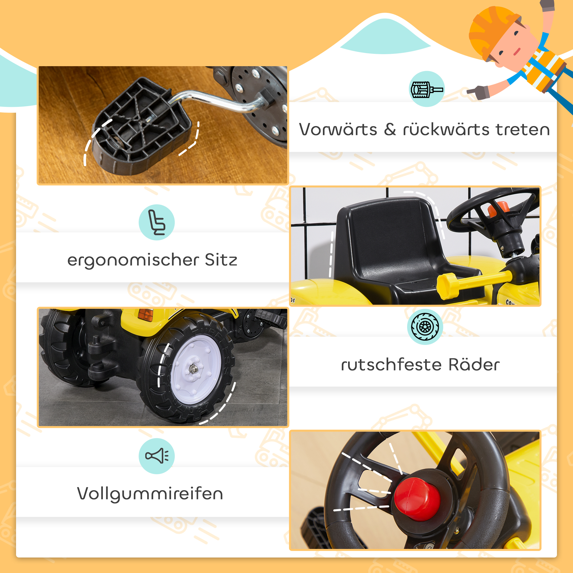 Kinder-Radlader, bewegliche Schaufel, Hupe, Pedalantrieb, ab 3 Jahren, Metallrahmen, gelb, 114 x 41 x 52 cm