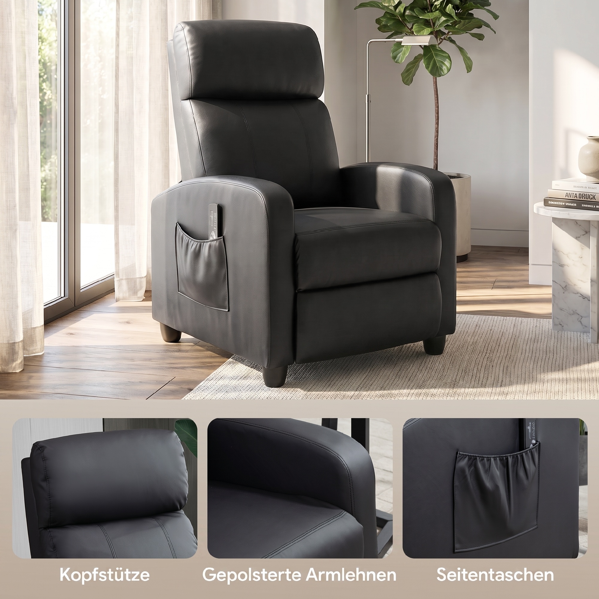 Relaxsessel Fernsehsessel mit Vibrationsmassage, Liegefunktion, 2 Massagepunkte, Fernbedienung, 68 x 88 x 98 cm Schwarz
