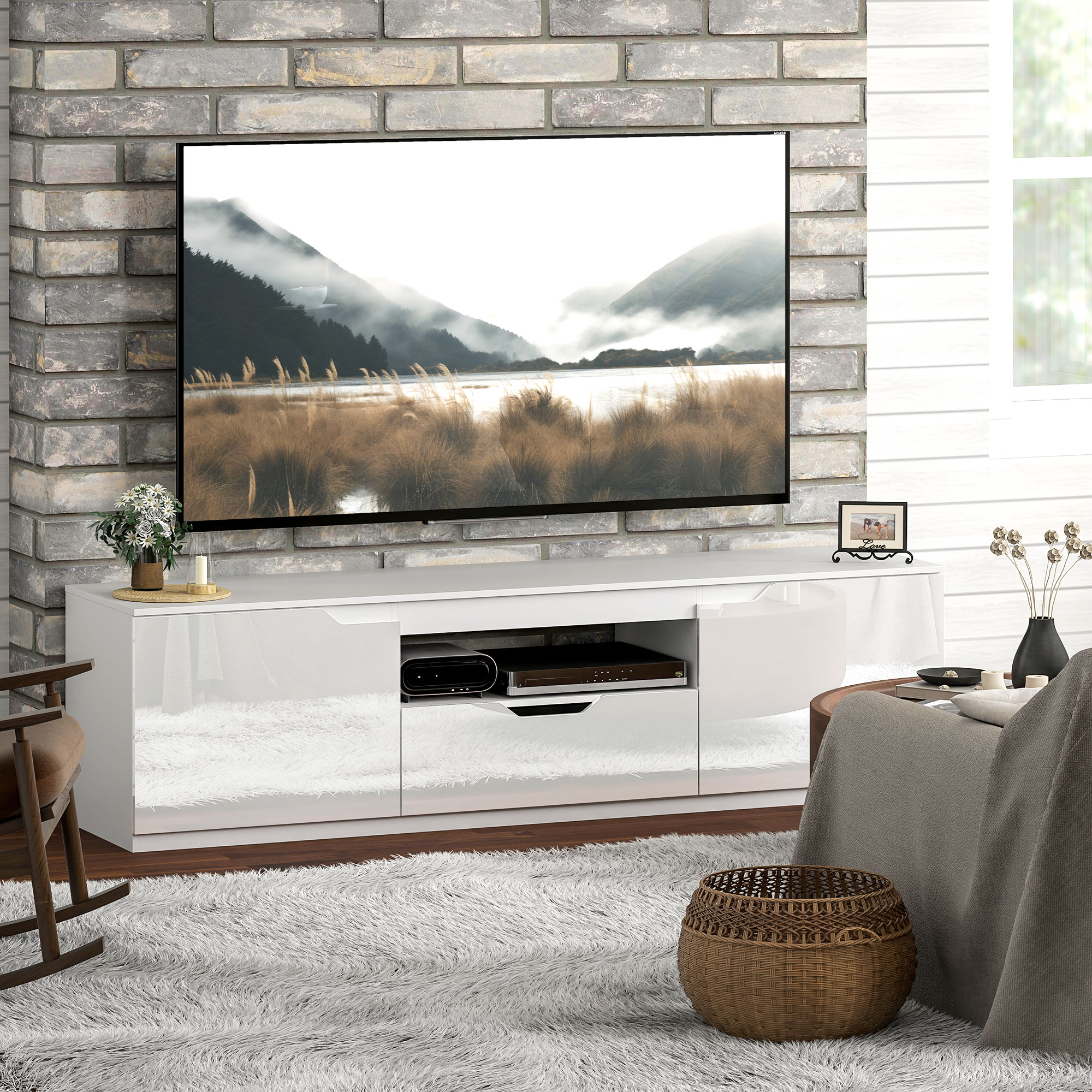 TV-Lowboard, Hochglanz, für Fernseher bis 65'', 3 Fächer, Schublade, 160 x 38 x 43 cm, Weiß