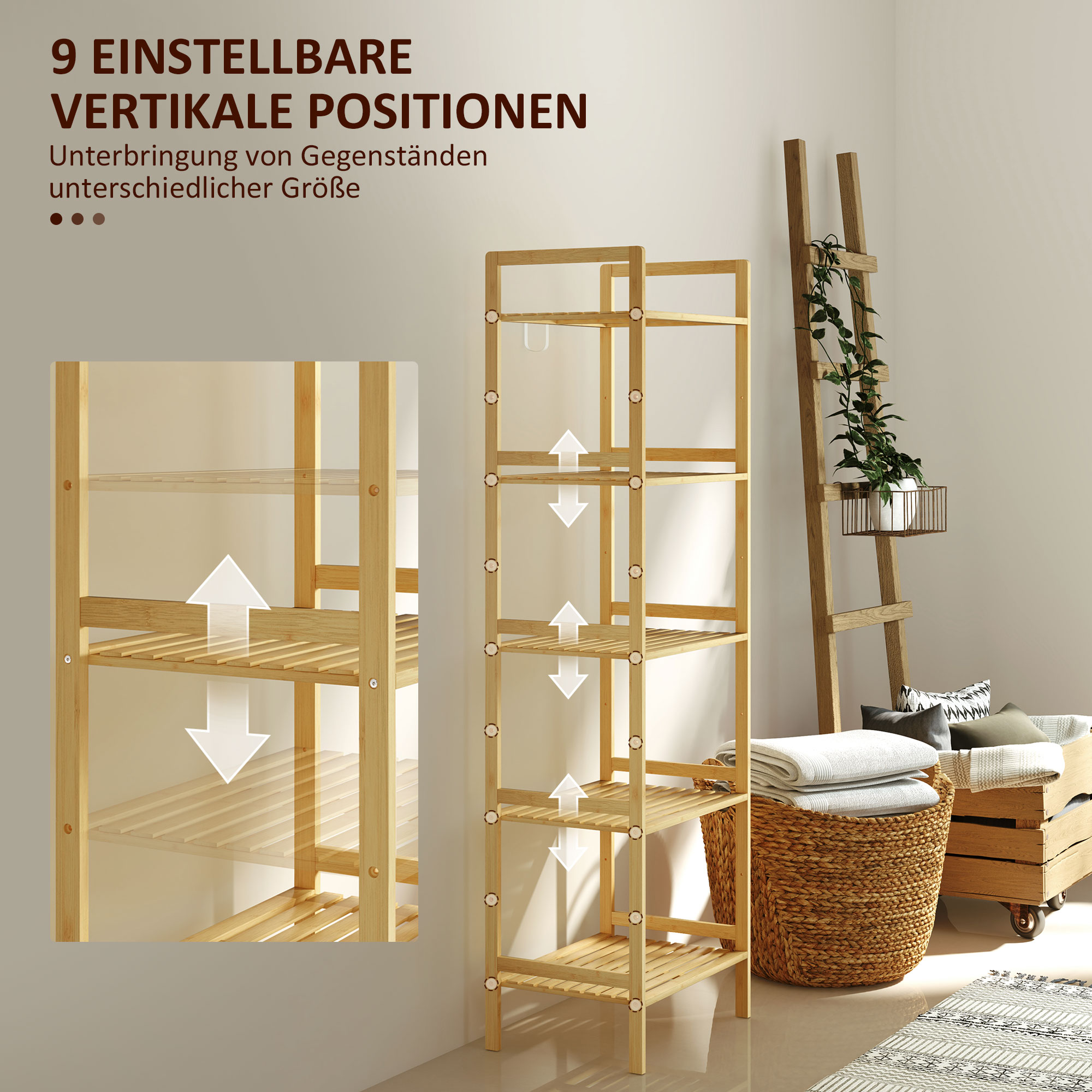 Bambus-Badezimmerregal mit 5 Ebenen, Aufbewahrungsregal mit verstellbaren Regalböden, 43,5 x 31,5 x 142 cm, Naturholz