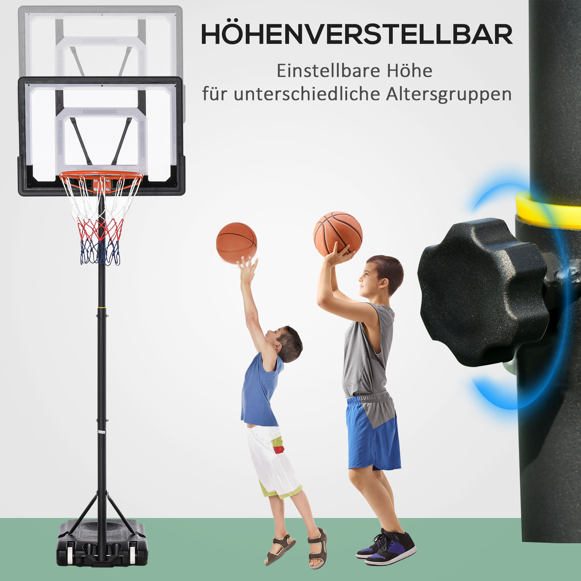 Basketballständer mit Rollen 83x55cm Rückwand, Mobiler Basketballkorb mit Ständer, verstellbare Korbhöhe 156 bis 210 cm, Basketballanlage für Kinder Jugendliche, fürs Außenbereich