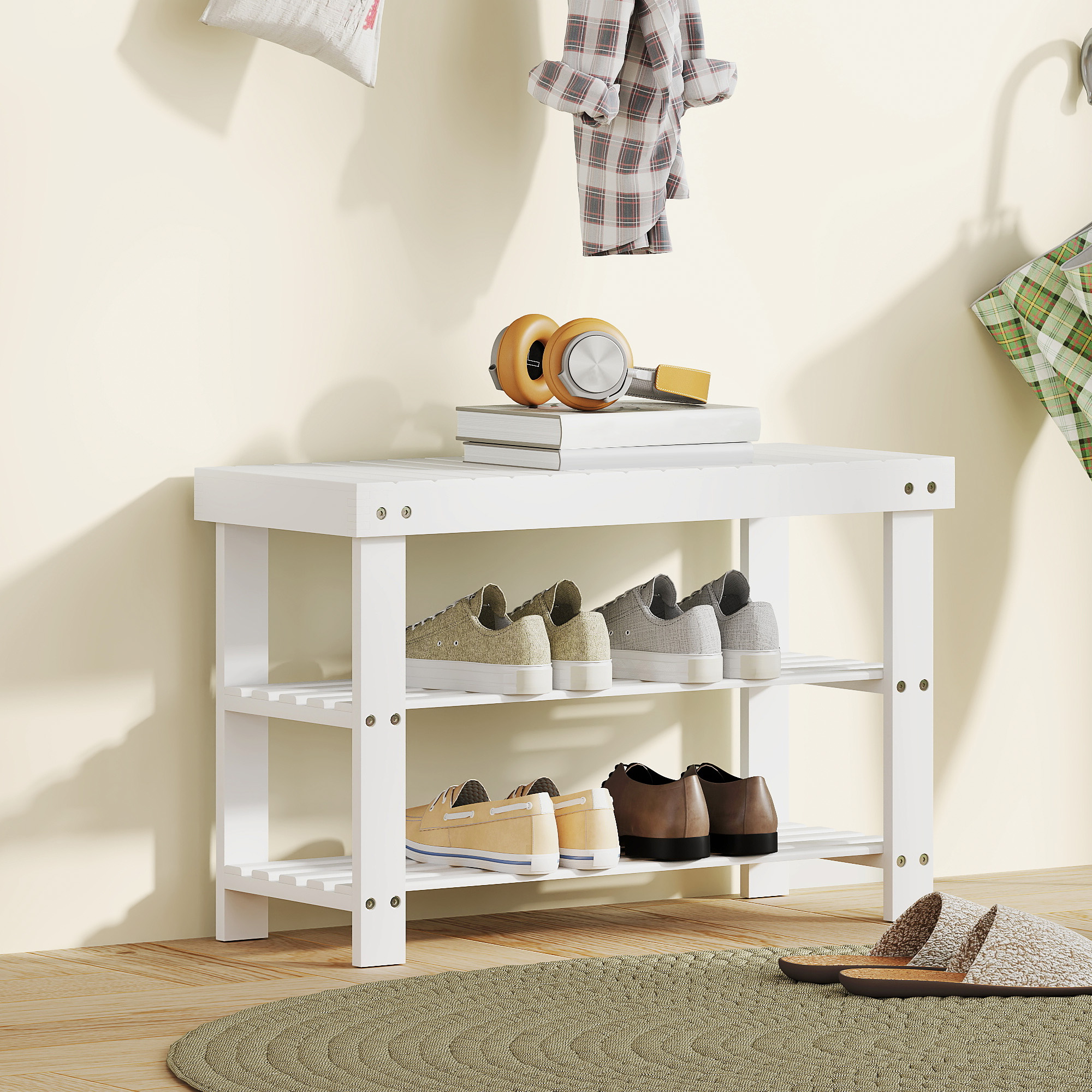 Schuhbank Bambus mit 2 Ablagen, Sitzbank mit Stauraum, für Flur, 70x28x45 cm, Weiß