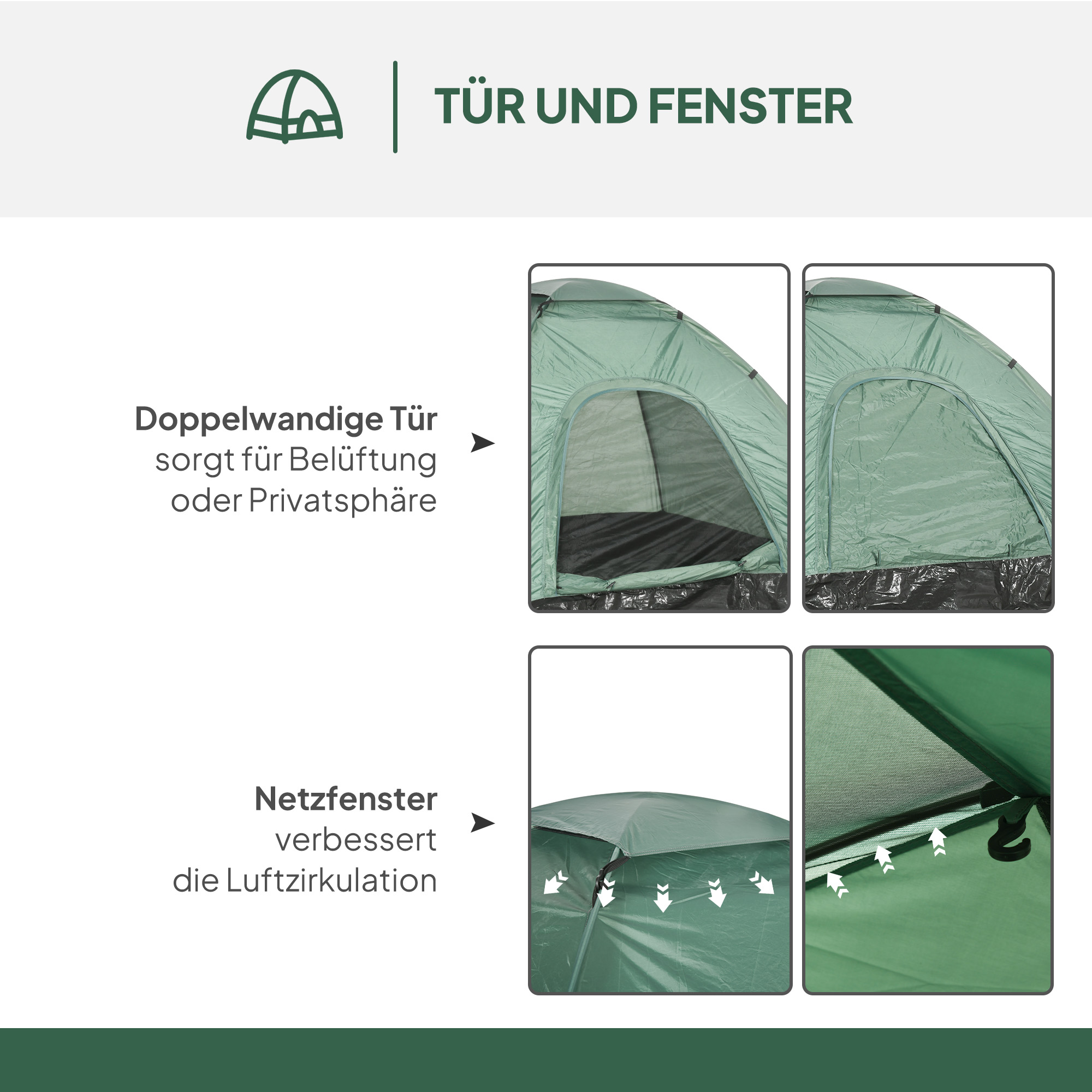 Kuppelzelt für 2 Personen leicht, stabil wasserdicht Familienzelt mit Tür&Fenster Packtasche Haken Dunkelgrün