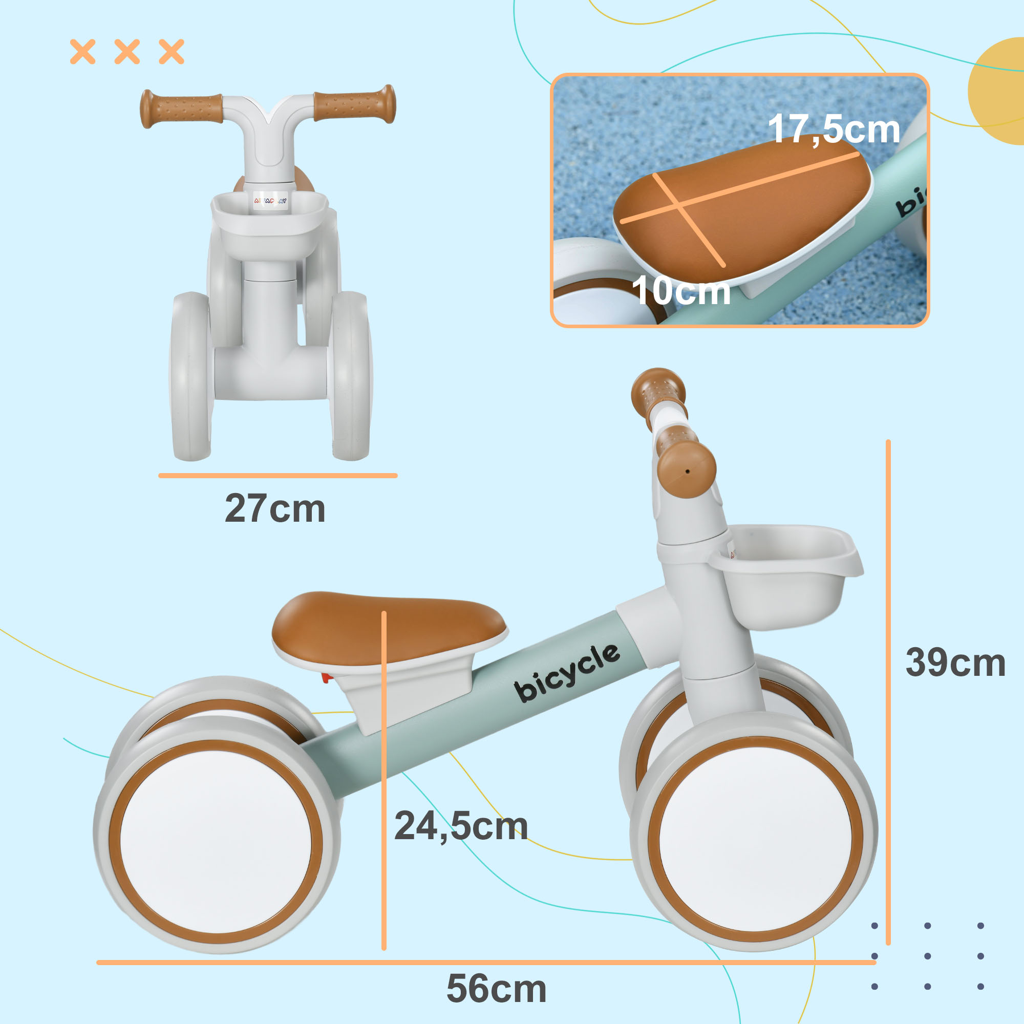 Laufrad, verstellbarer Sitz, Flüsterräder, für 1-3 Jahre, bis 20 kg, Grün/Weiß
