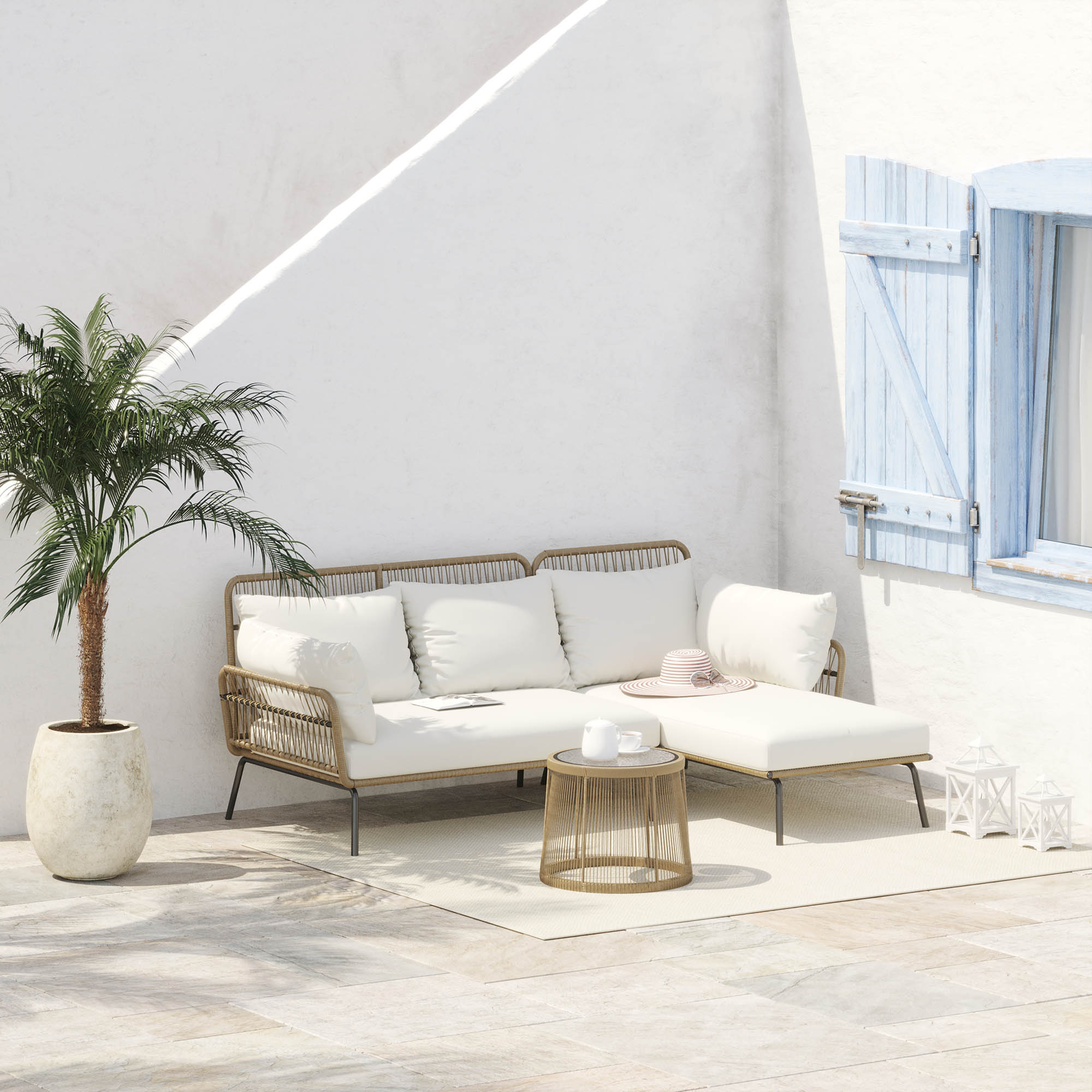 3 tlg. Rattan Gartenmöbel-Set, PE-Rattan, 1 Ecksofa, 1 Liege, inkl. Kissen, wetterbeständig, Kaffee +Creme