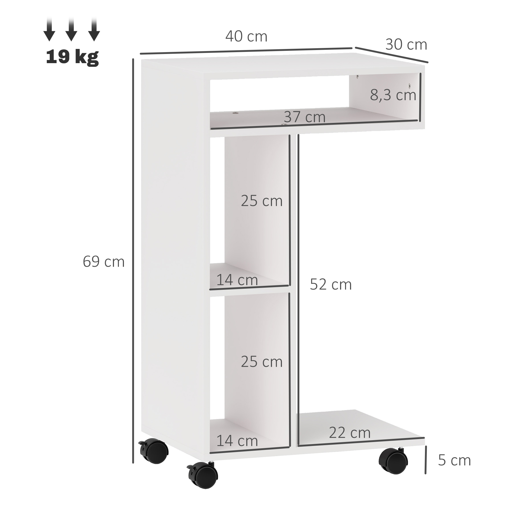 Beistelltisch, C-förmiger Servierwagen, 4 Rollen, 3 Fächer, 40 x 30 x 69 cm, Weiß