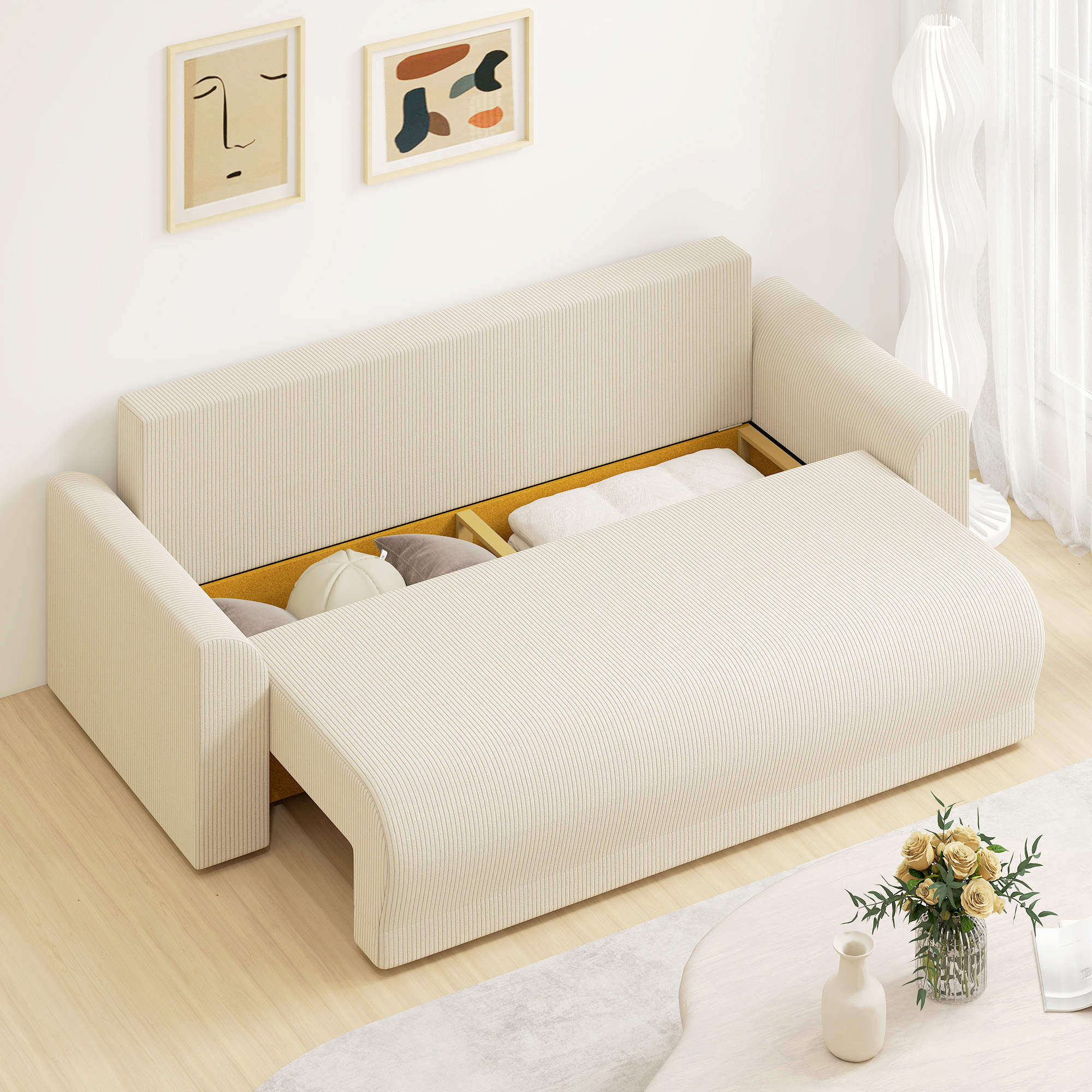 Schlafsofa 190x150cm 3-Sitzer Sofa mit Schlaffunktion, Kissen, Stauraum, Cord-Optik für Wohnzimmer, Beige