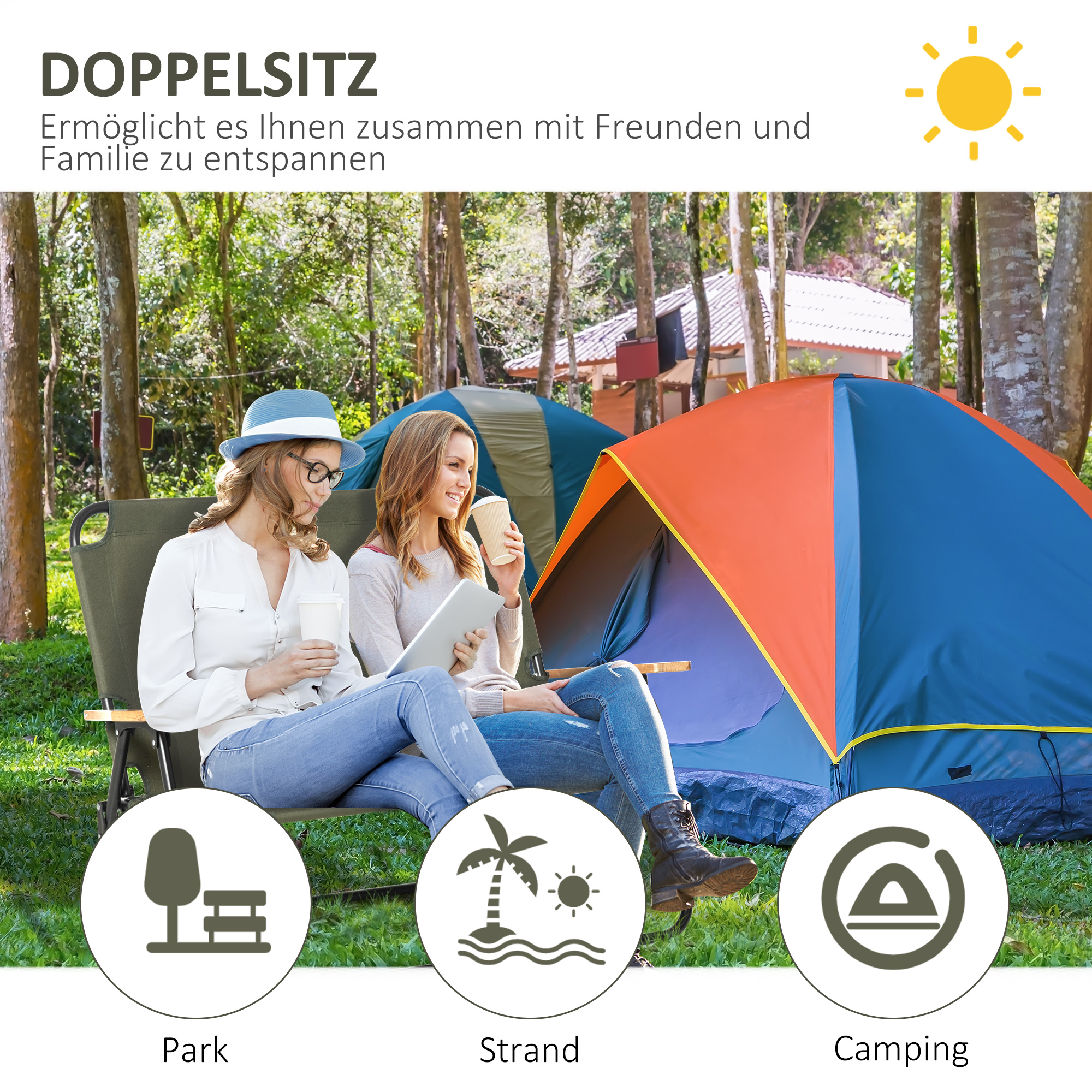 Faltstuhl 2-Sitzer faltbar Campingstuhl mit Armlehnen Getränkehalter Outdoor Klappstuhl bis 160 kg belastbar robust Angelstuhl Gartenstuhl für Garten Camping Strand