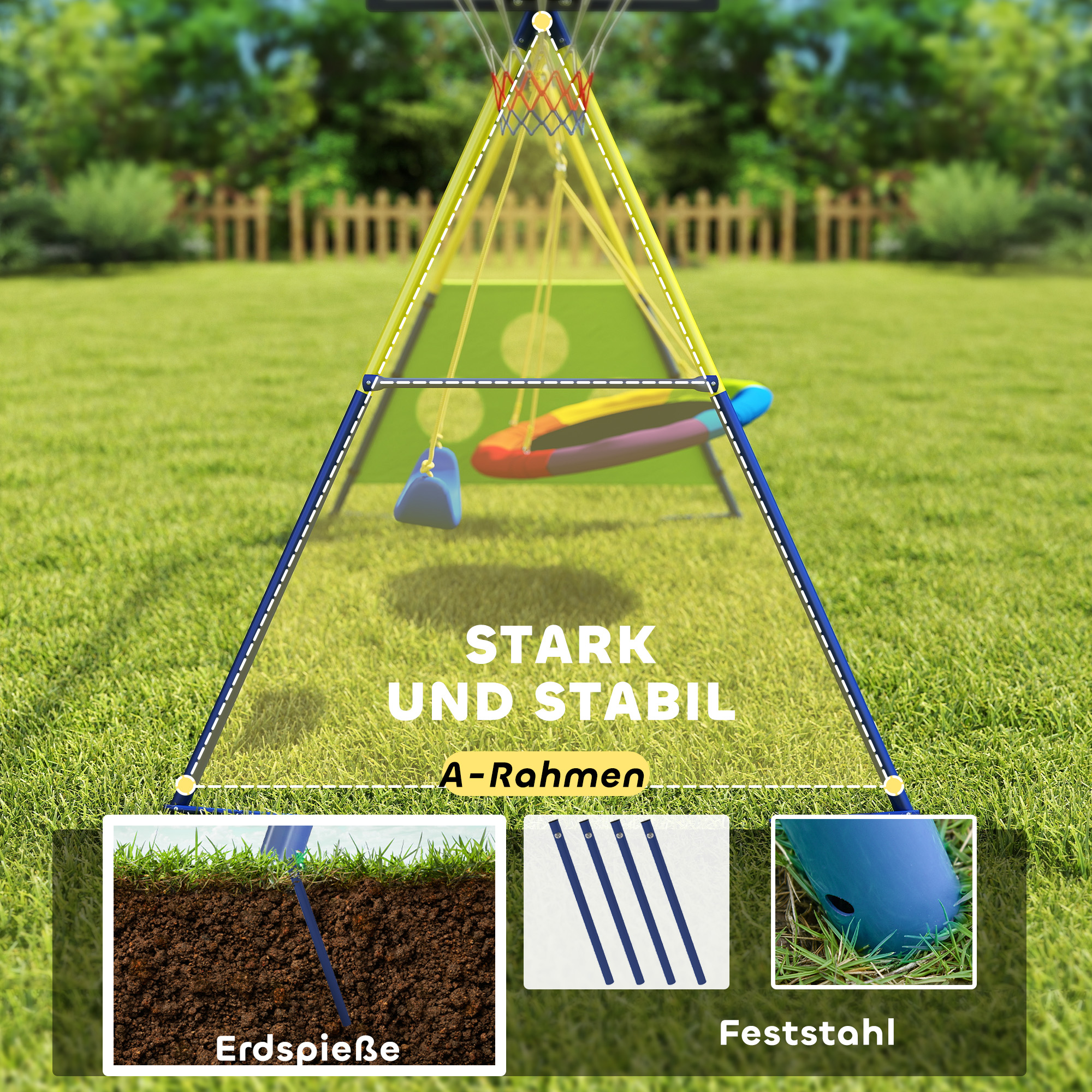 Schaukelgestell 4-in-1 Schaukel-Set bis 150 kg mit Nestschaukel Basketballkorb Fußballtor U-Schaukel 288 x 160 x 220 cm