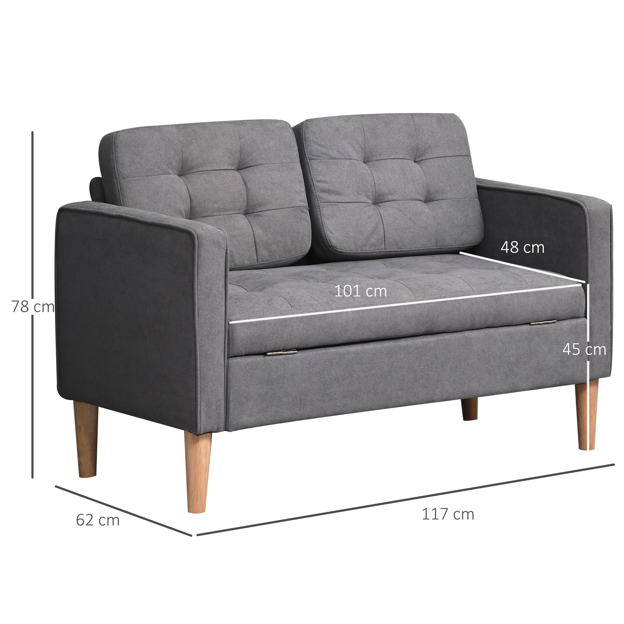 2 Sitzer Sofa, Couch mit Stauraum, Holzbeine, gepolstertes Polstersofa mit Samtoptik für Wohnzimmer, Schlafzimmer, 117x 62 x 78 cm, Grau