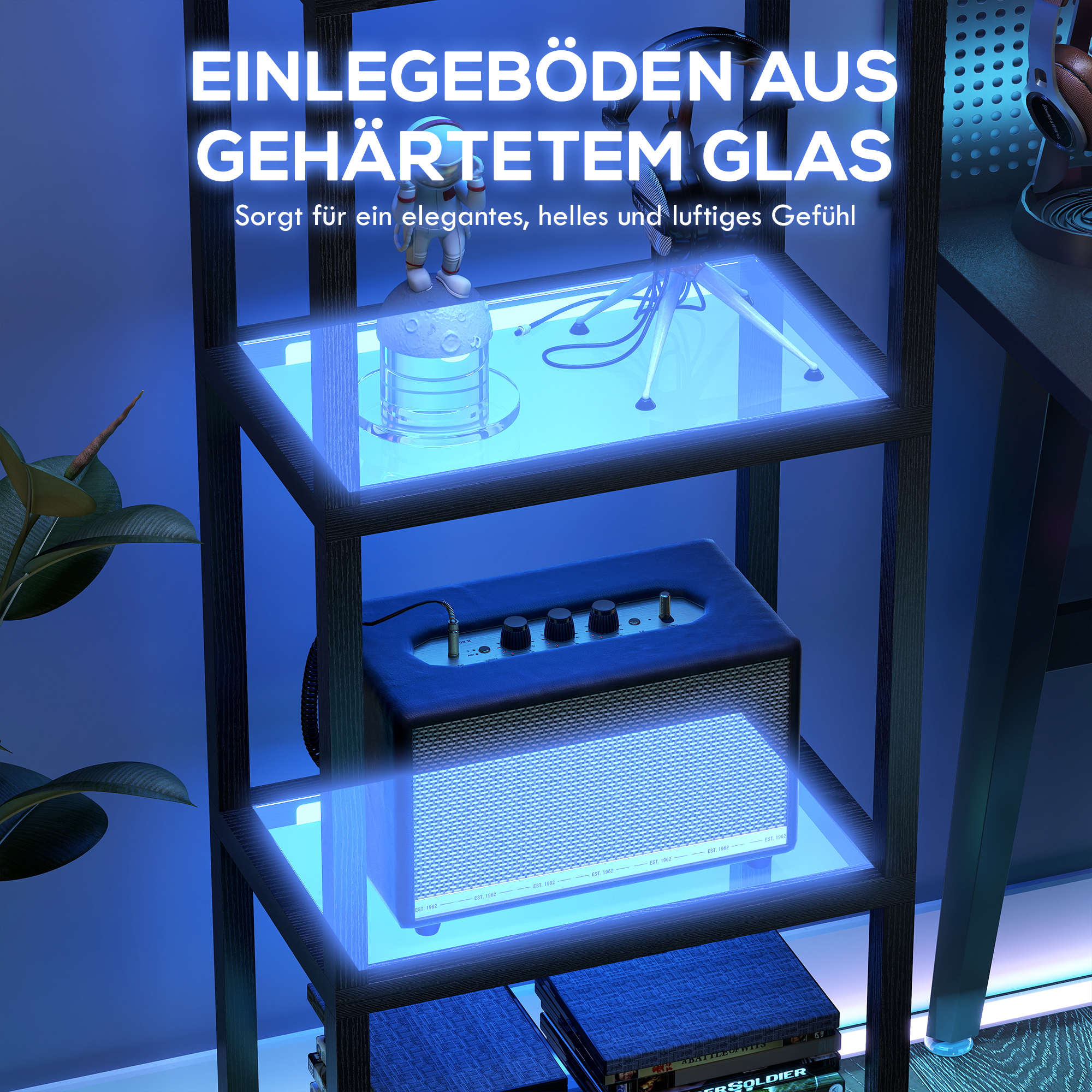 RGB Stehlampe mit Glasregalen, 4-Ebenen-LED-Stehleuchte mit Fernbedienung, Musiksynchronisation, Schwarz