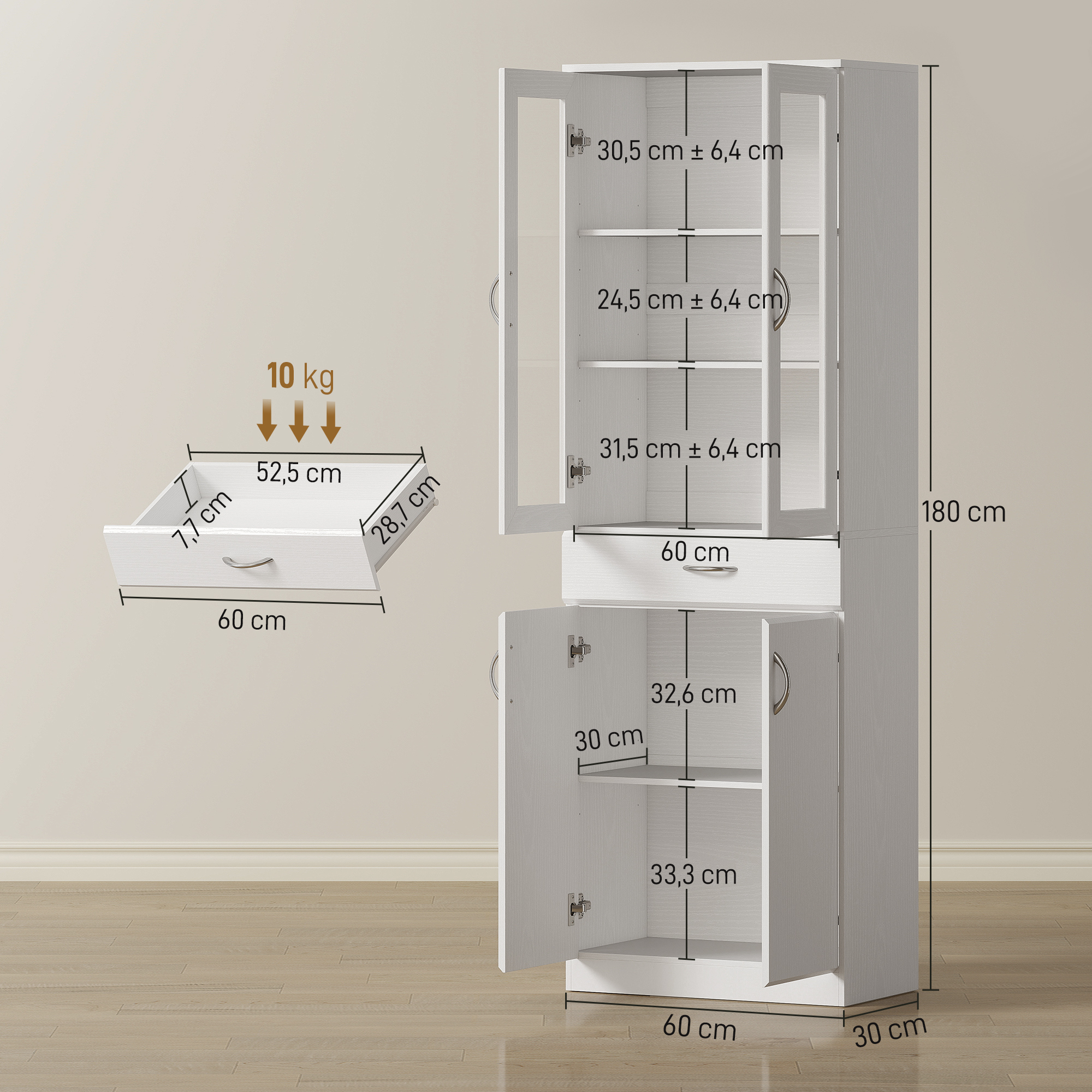 Küchenschrank Buffetschrank mit verstellbar Regal Schublade 2 Schrank Hochschrank mit Glastür 60 x 35 x 180 cm Weiß