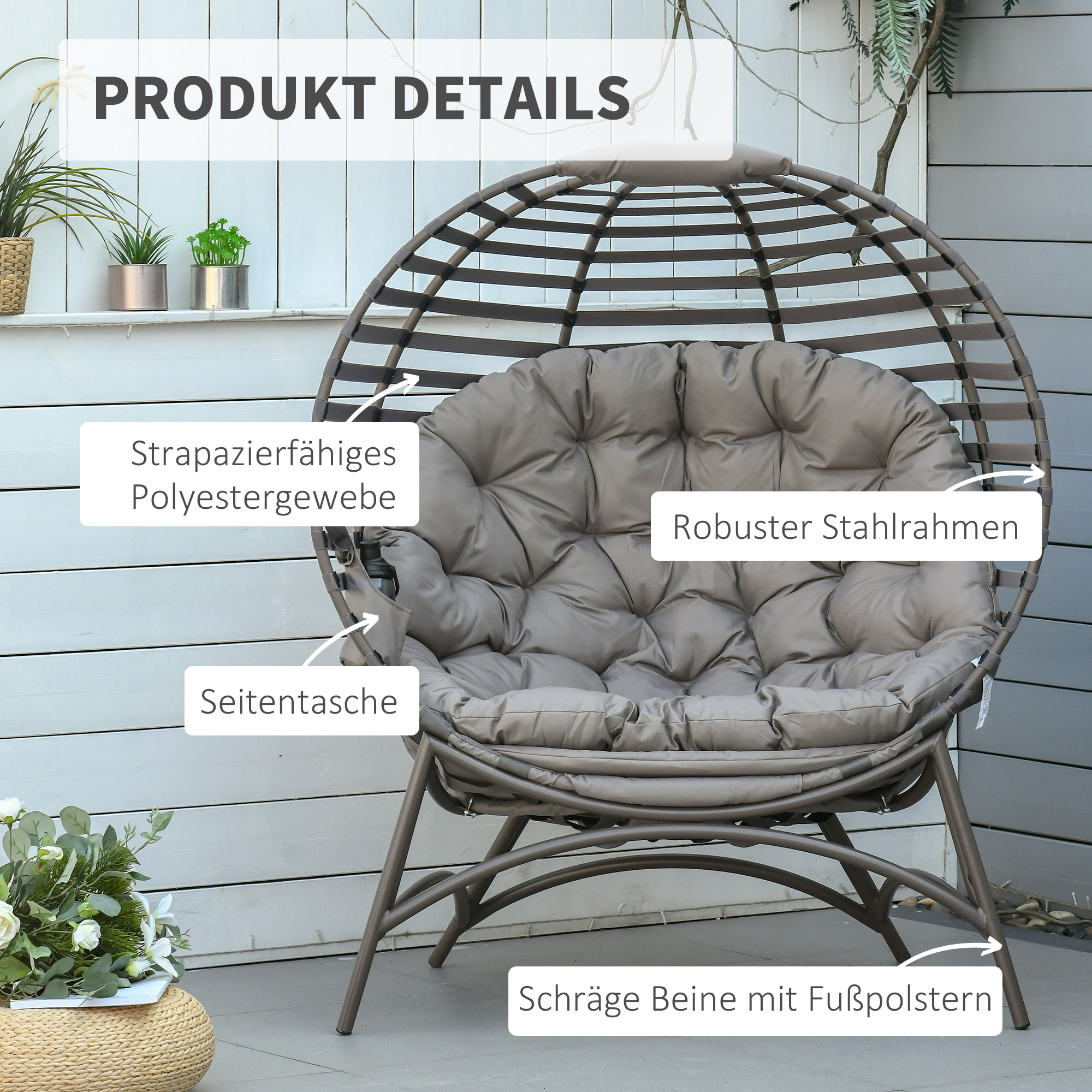 Papasansessel Gartenstuhl 2Korb-Stuhl mit Kissen oval Loungesessel Korb faltbar Balkon Terrasse Outdoor/Indoor Sandbraun Stahl 118 x 75 x 139 cm
