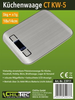 Digitale Küchenwaage "CT KW-5", 0-5kg, ±1g, 18x14x2cm