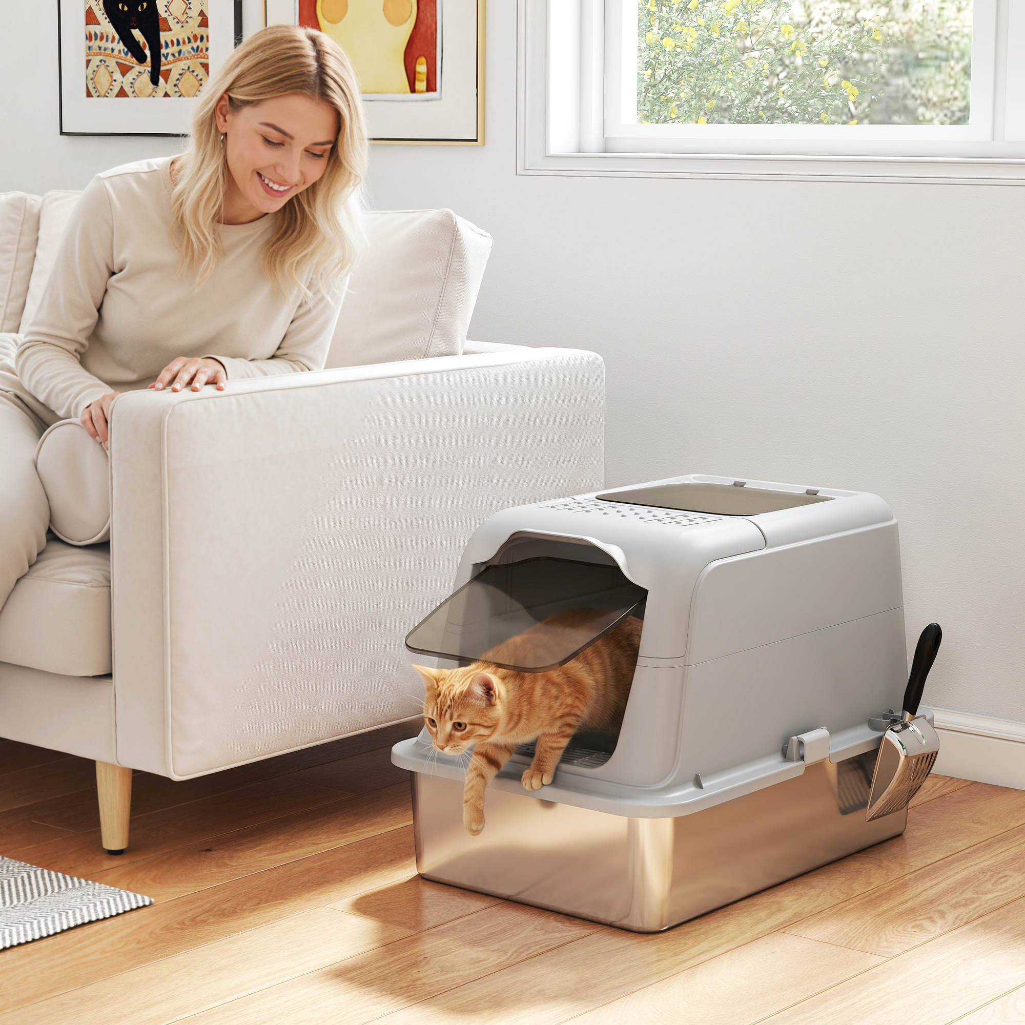 Katzenklo, Katzentoilette mit Deckel, Streuschaufel, vorne Eingang und ober Ausgang Edelstahl bis 8 kg