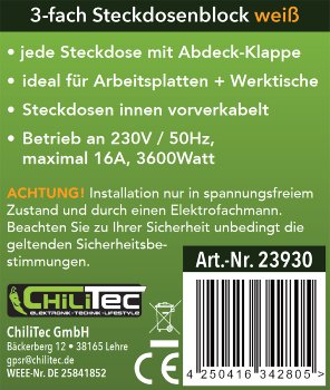 3-fach Steckdosenblock, weiß, 250V~/ 16A, Aufbaumontage mit Klappen