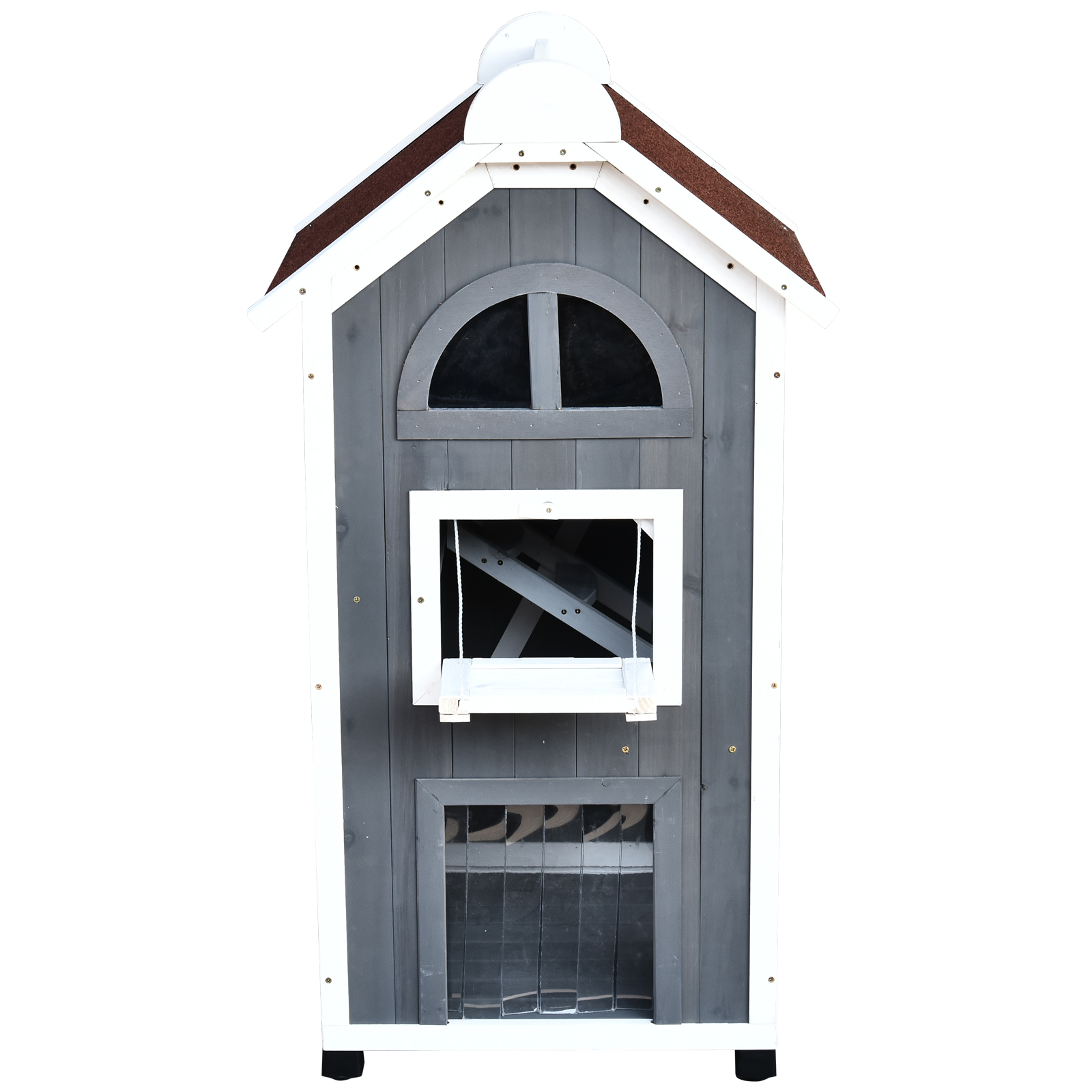 Katzenhaus für Draußen 2-stöckiges Katzenhaus aus Tannenholz, wetterfest Katzenhütte mit Asphaltdach, Grau, 59 x 55 x 109 cm