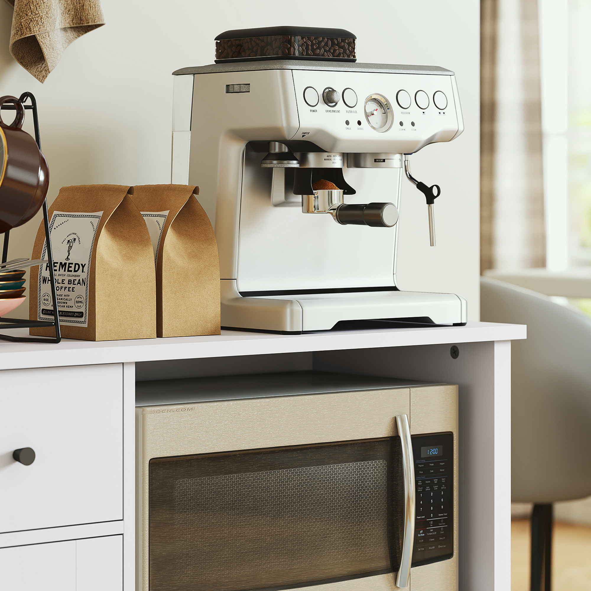 Küchenschrank mit Kabelloch, Kommode mit 2 Schränken, offenes Fach, Schublade, 80 x 35 x 72,2 cm, Spanplatte, Weiß