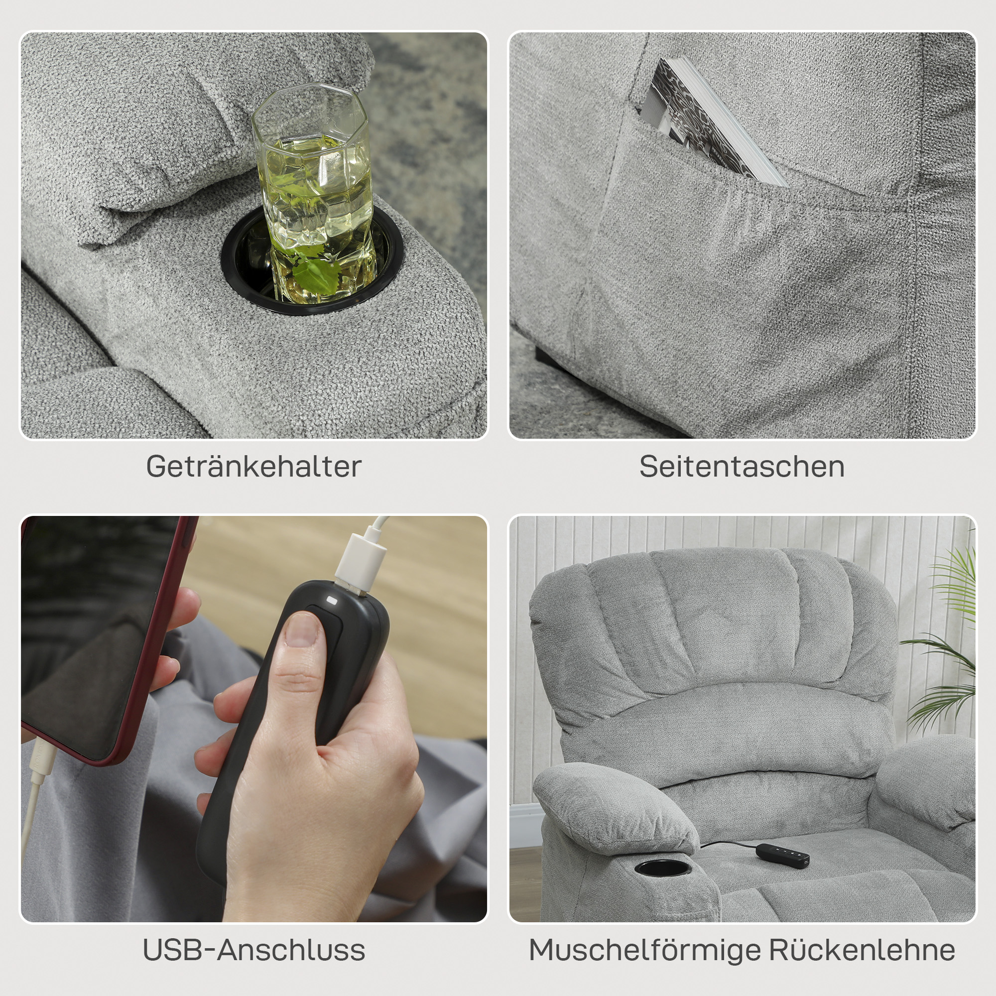 Relaxsessel Elektrisch Fernsehsessel mit Liegefunktion, USB, Getränkehalter, 2 Memory-Positionen für Wohnzimmer, Grau